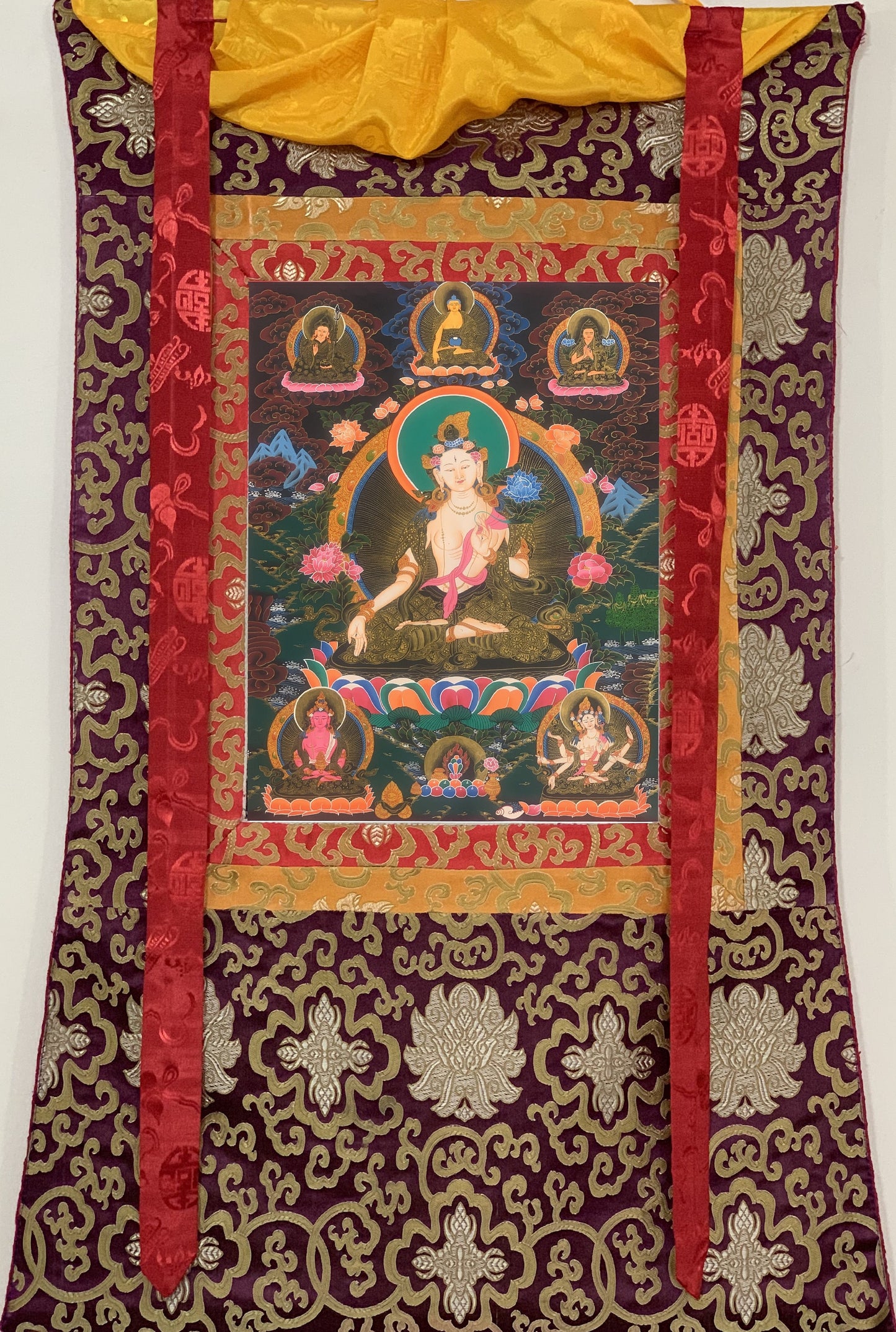 Hand-painted White Tara, Goddess of Compassion, Tibetan Thangka, Painting Art with Silk Border