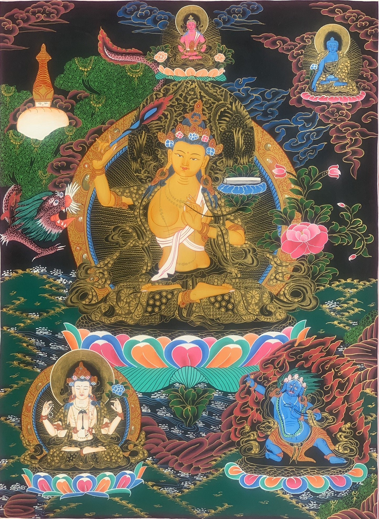 Original Hand Painted Manjushri /Manjushree/ JAMPELYANG / God Of Wisodm  Compassion / Meditation Thangka / Thanka Painting From Nepal