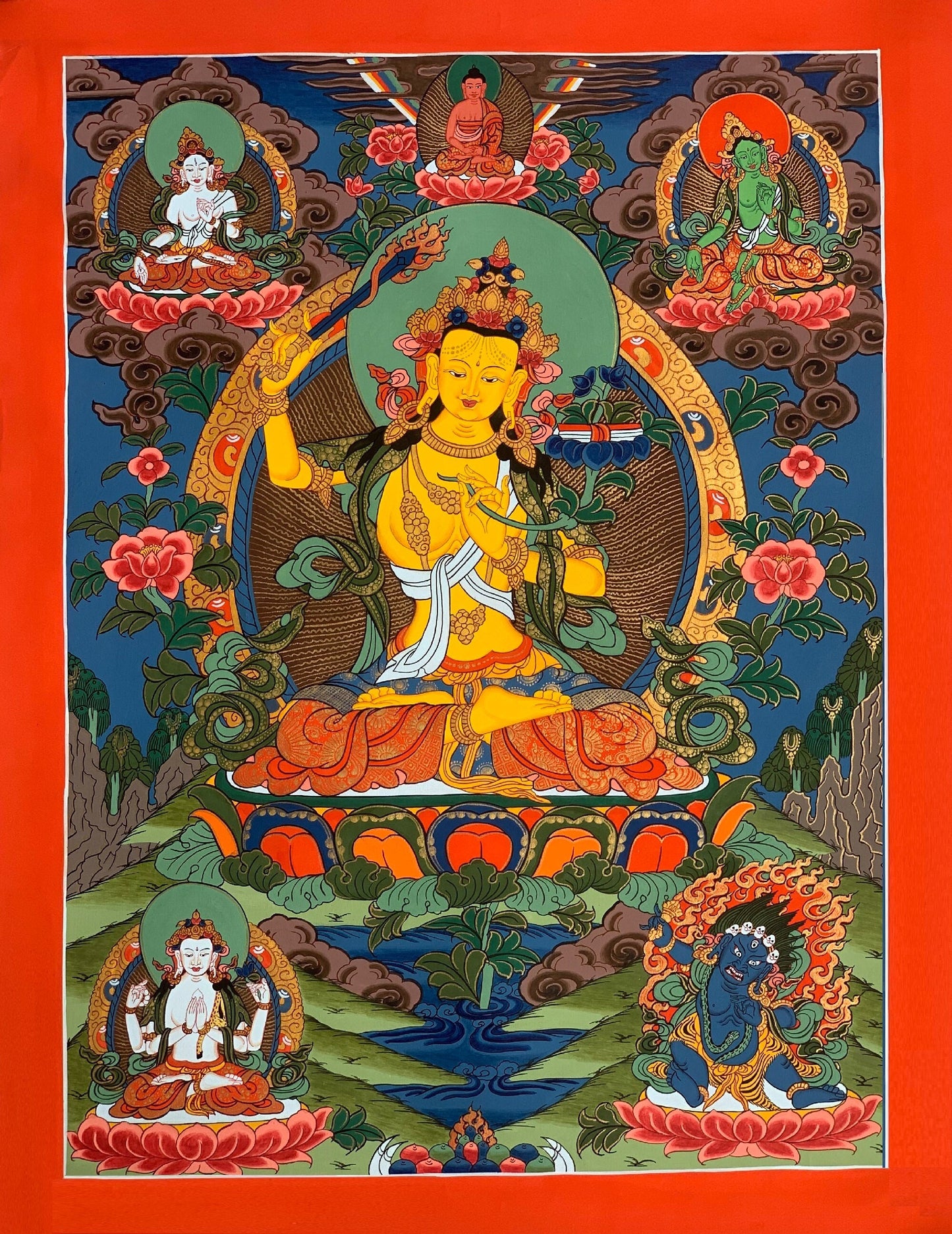 Hand-painted Manjushri, Manjushree, Wisdom Bodhisattva, Original Tibetan Thangka Painting 15 x 20- Inches