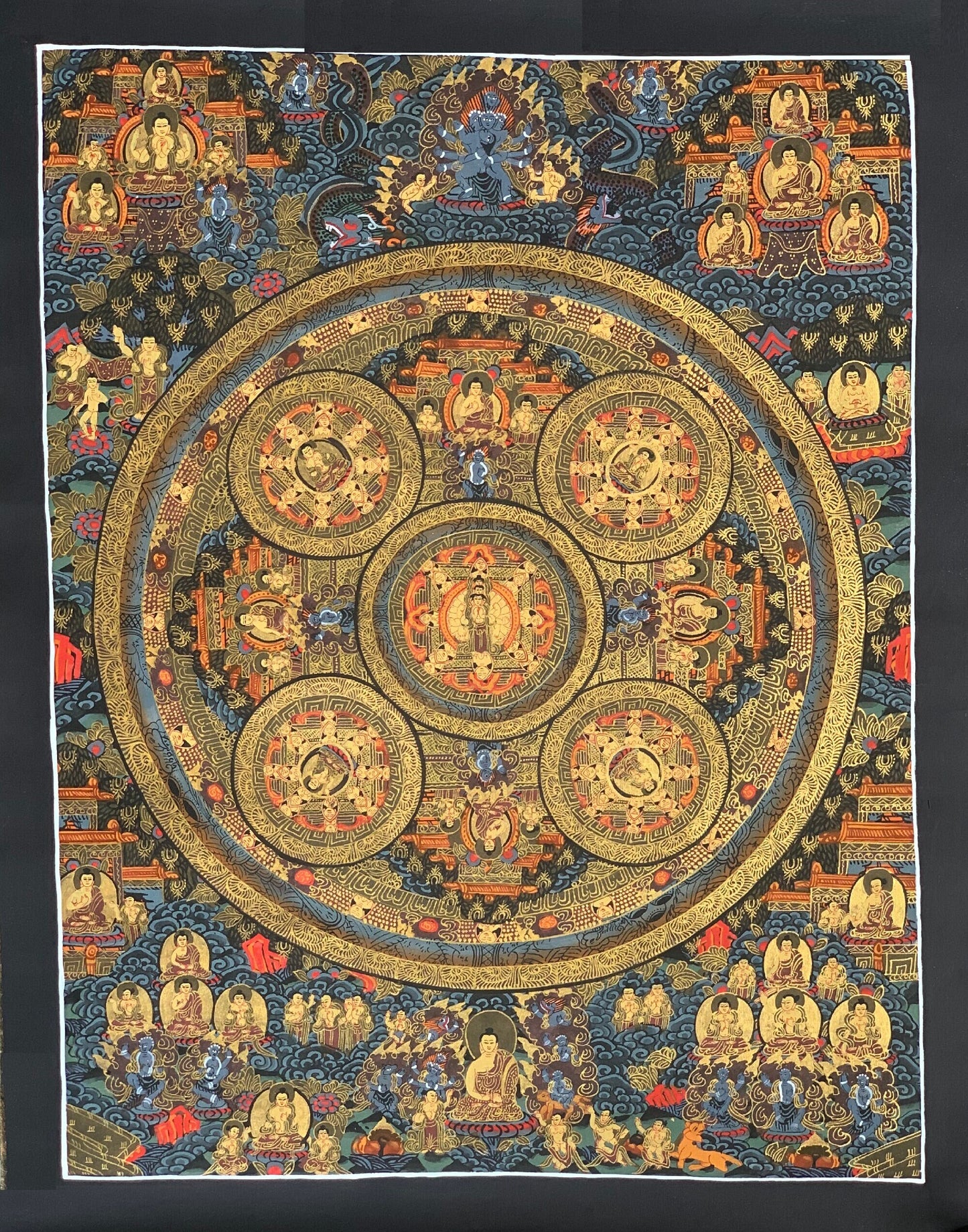 Hand-painted 5 Buddha Pancha Buddha Mandala, AVALOKITESHVARA in Cennter, Thangka Painting, Home Décor  16 x 21-Inch