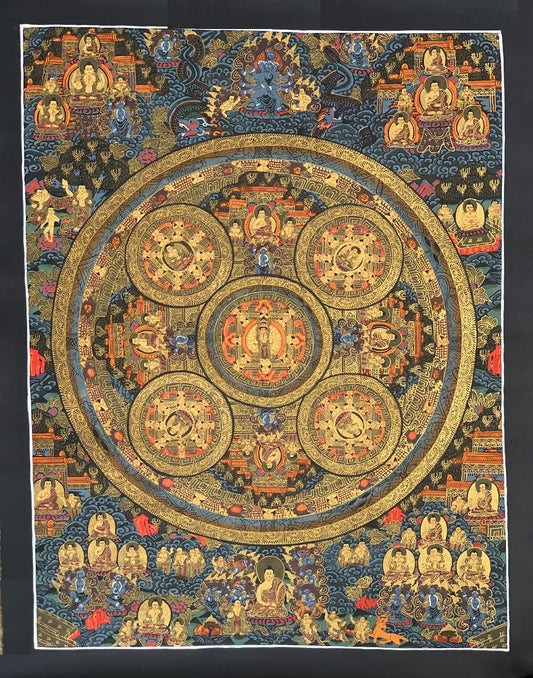 Hand-painted 5 Buddha Pancha Buddha Mandala, AVALOKITESHVARA in Cennter, Thangka Painting, Home Décor  16 x 21-Inch