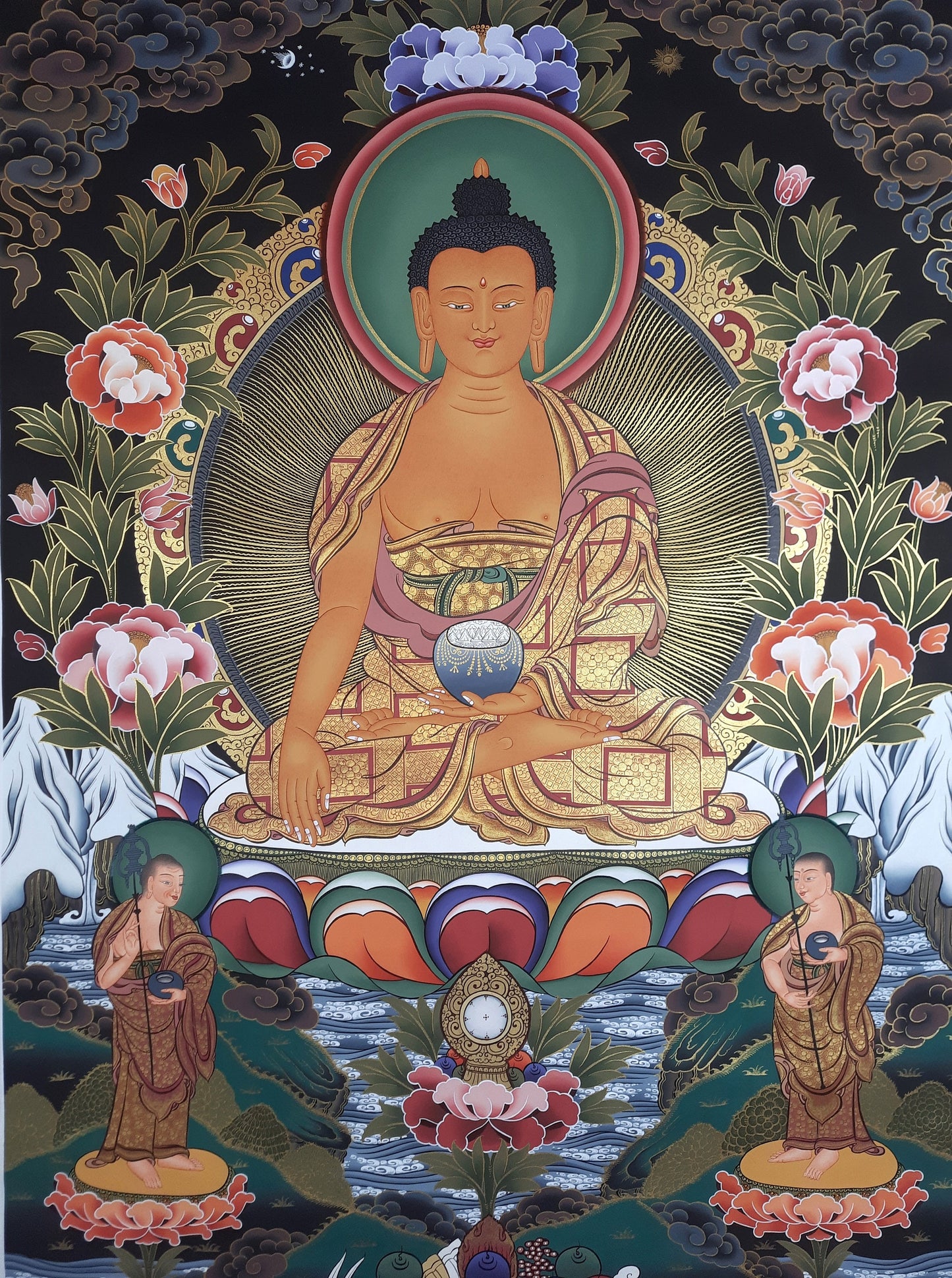 Original Hand Painted Shakyamuni/ Gautama Buddha /  With Two Disciples Large Masterpiece Tibetan Mediation  Thangka / Thanka Painting