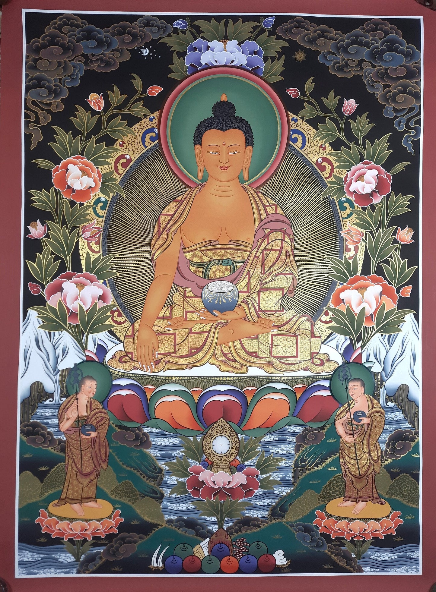 Original Hand Painted Shakyamuni/ Gautama Buddha /  With Two Disciples Large Masterpiece Tibetan Mediation  Thangka / Thanka Painting