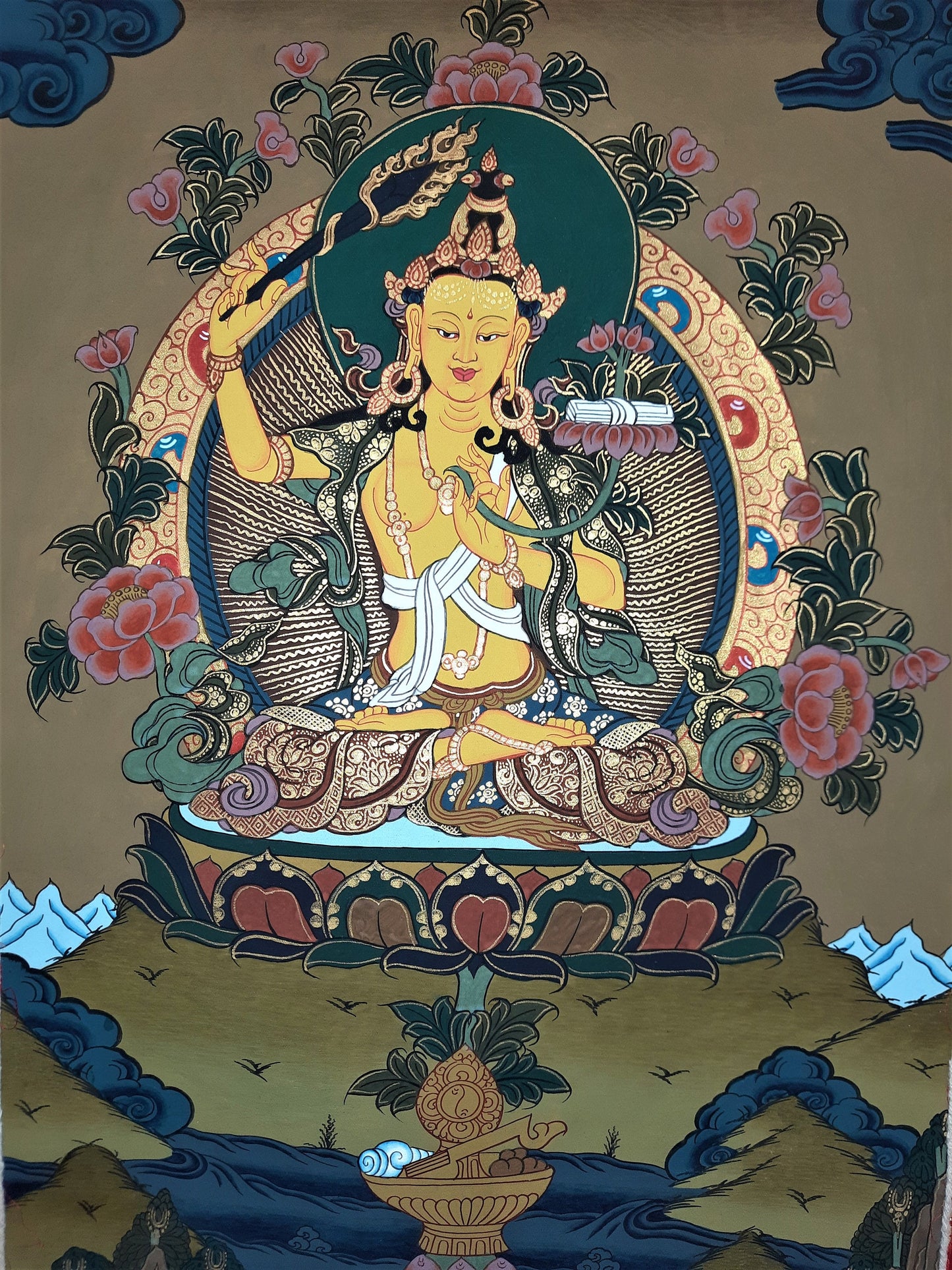 Original Hand Painted Manjushri / God Of Wisdom / Tibetan Compassion / Meditation / Tibetan Thangka / Thanka Painting  with Silk Brocade