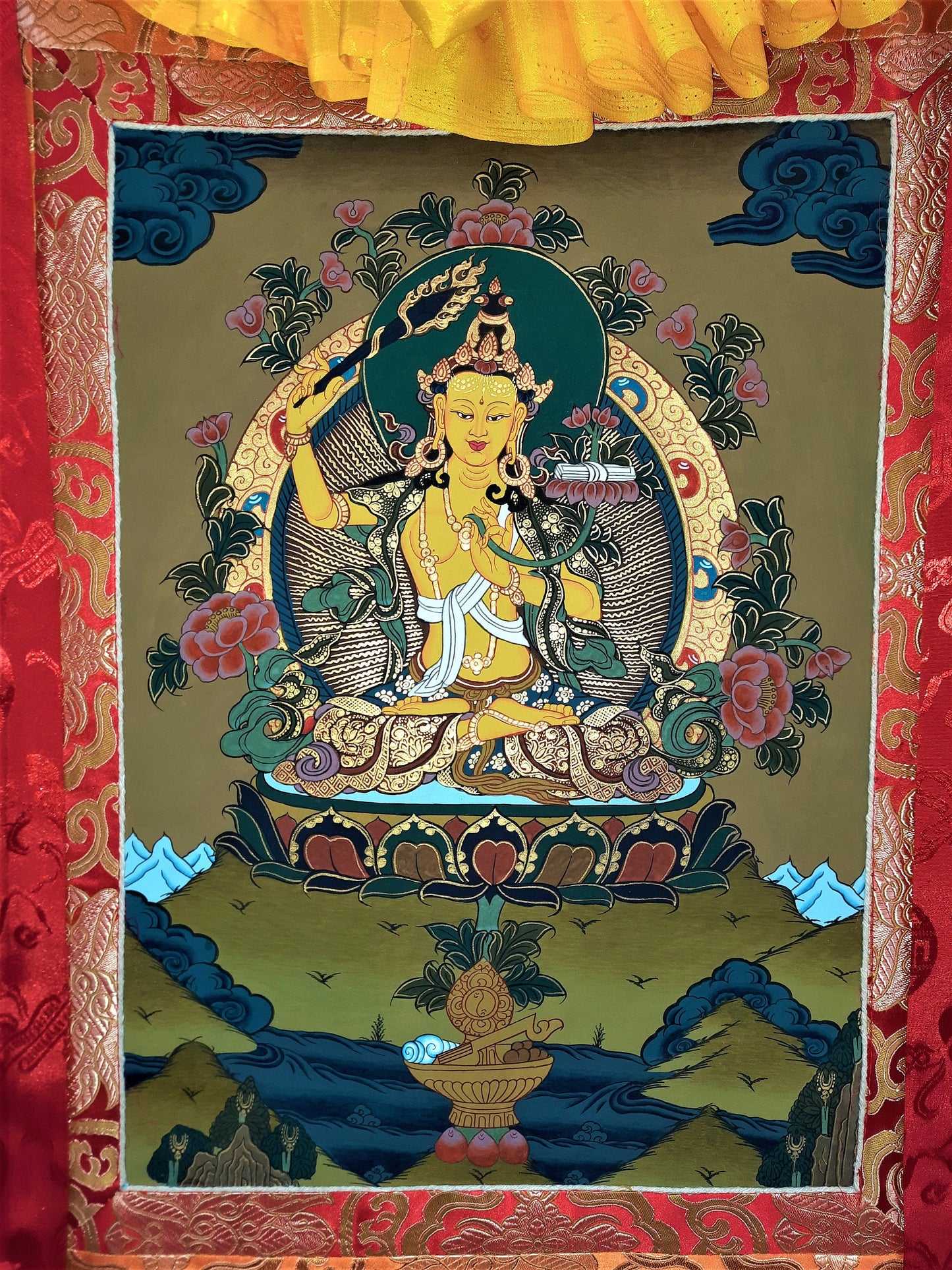 Original Hand Painted Manjushri / God Of Wisdom / Tibetan Compassion / Meditation / Tibetan Thangka / Thanka Painting  with Silk Brocade