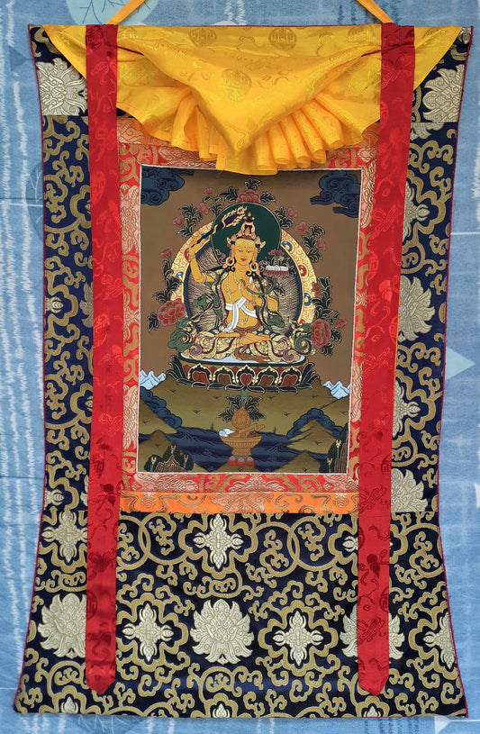 Original Hand Painted Manjushri / God Of Wisdom / Tibetan Compassion / Meditation / Tibetan Thangka / Thanka Painting  with Silk Brocade