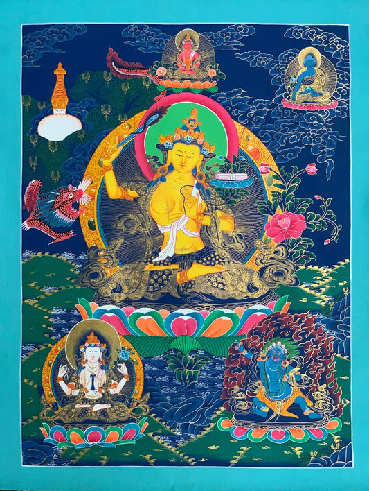 Hand-painted, Manjusri, Manjushree God of Wisdom Tibetan Thangka Art, Painting 21 x 28-inch