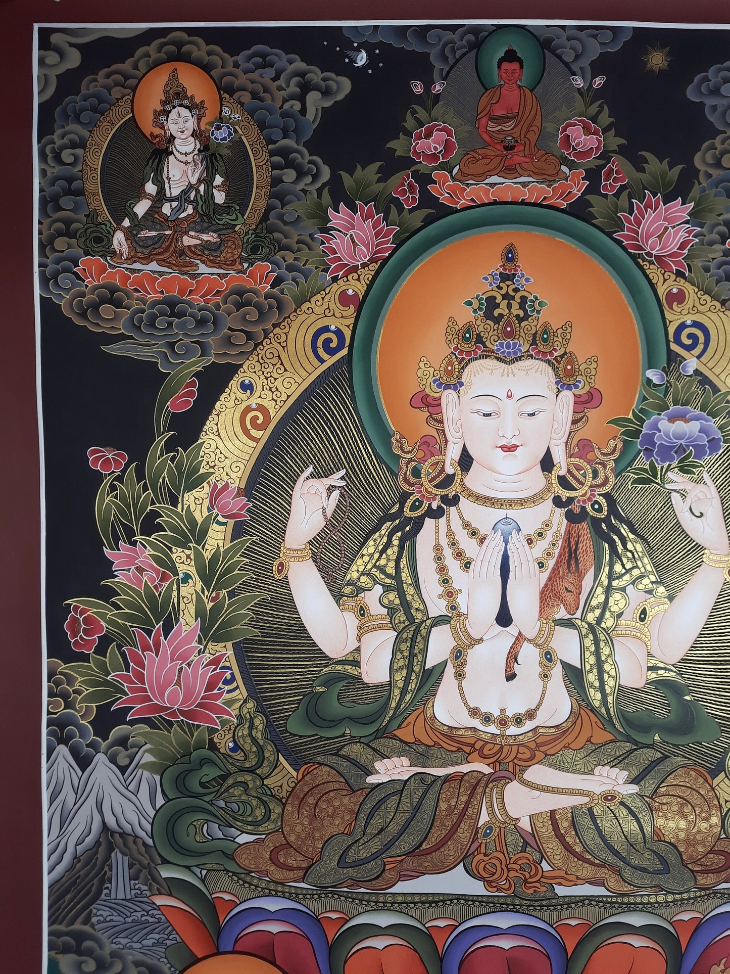 Original Hand Painted Large Chenrezig / Compassion Buddha Masterpiece   Tibetan Wall hanging Thangka / Thanka Painting From Nepal