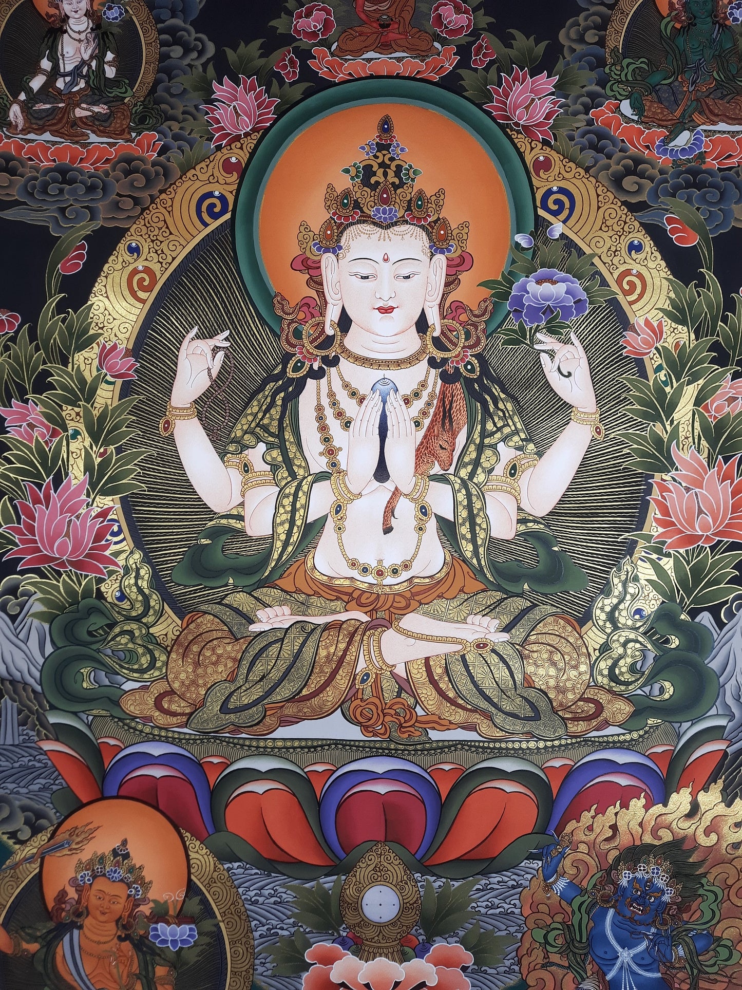 Original Hand Painted Large Chenrezig / Compassion Buddha Masterpiece   Tibetan Wall hanging Thangka / Thanka Painting From Nepal