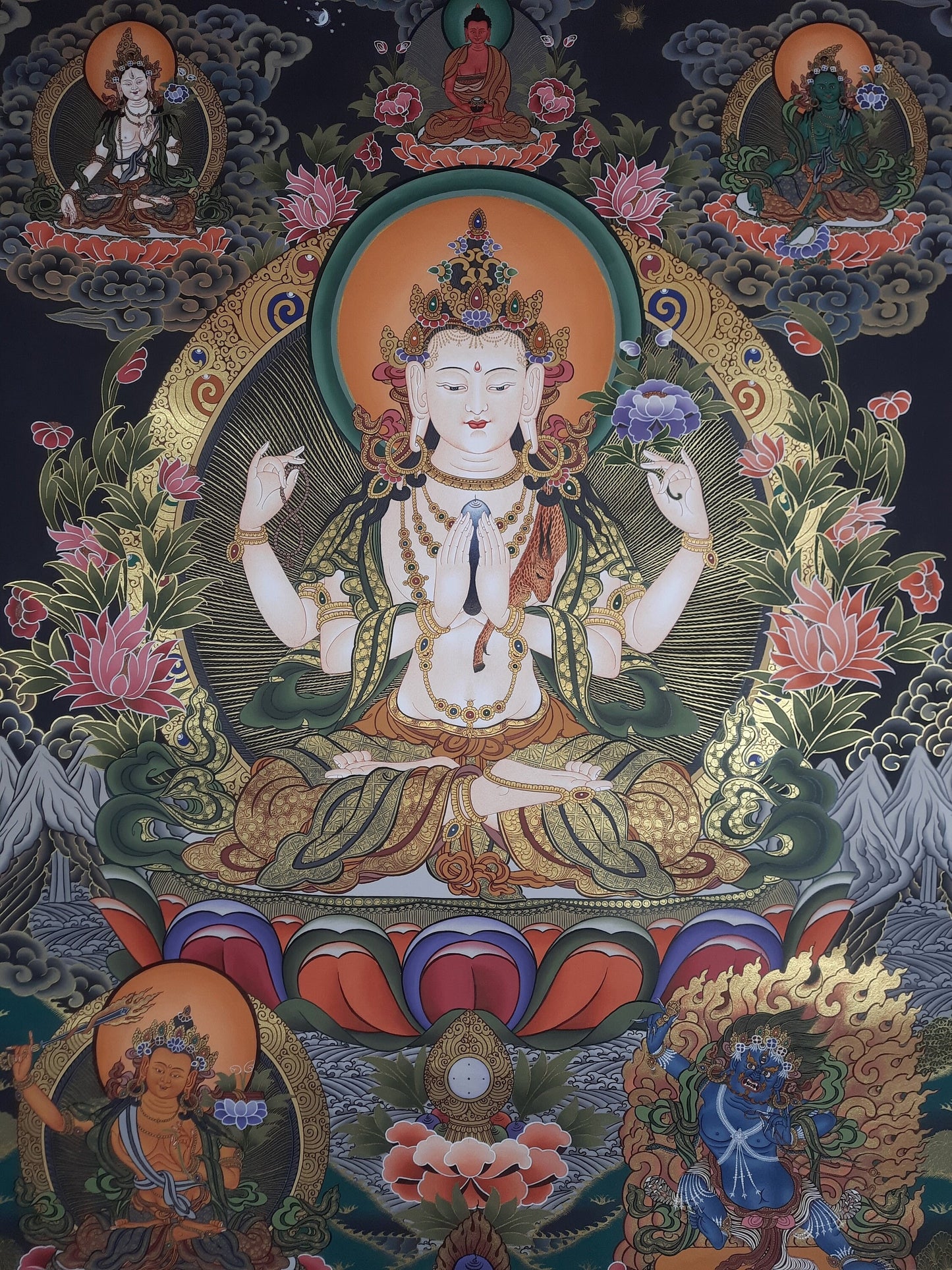 Original Hand Painted Large Chenrezig / Compassion Buddha Masterpiece   Tibetan Wall hanging Thangka / Thanka Painting From Nepal