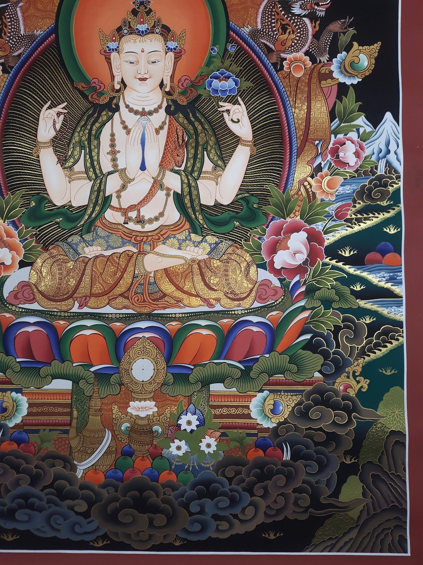 Original Hand Painted Chenrezig / Compassion Buddha Masterpiece Tibetan  Meditation Wall hanging Thangka / Thanka  Painting From Nepal