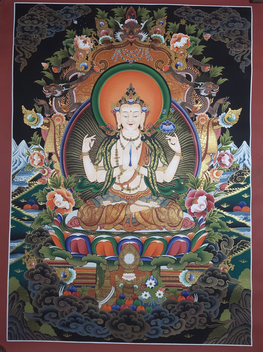 Original Hand Painted Chenrezig / Compassion Buddha Masterpiece Tibetan  Meditation Wall hanging Thangka / Thanka  Painting From Nepal