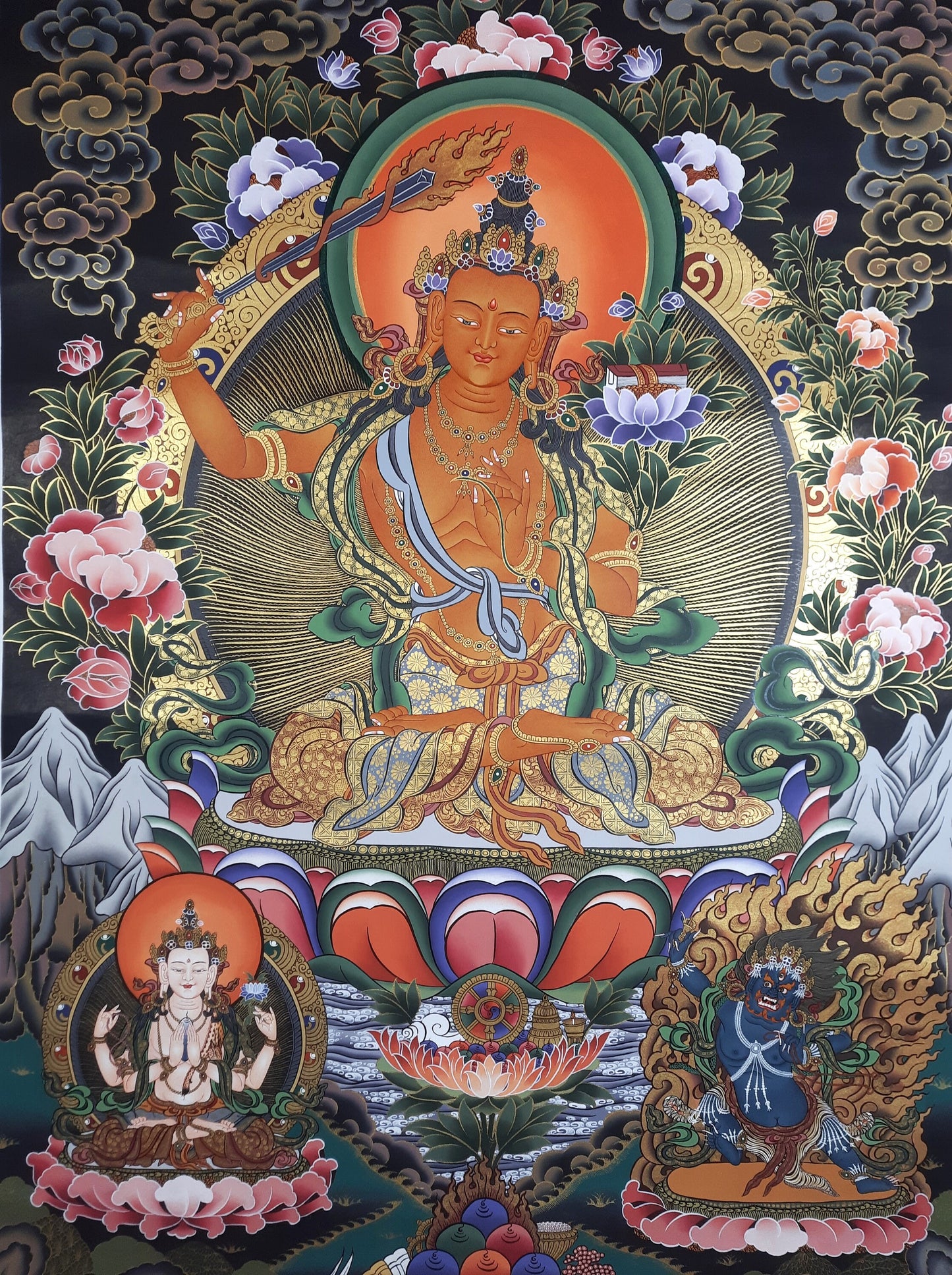 Original Hand-Painted Large Manjushri, Manjushree, Jampelyang, Bodhisattva of Wisdom,  Masterpiece, Thangka From Nepal