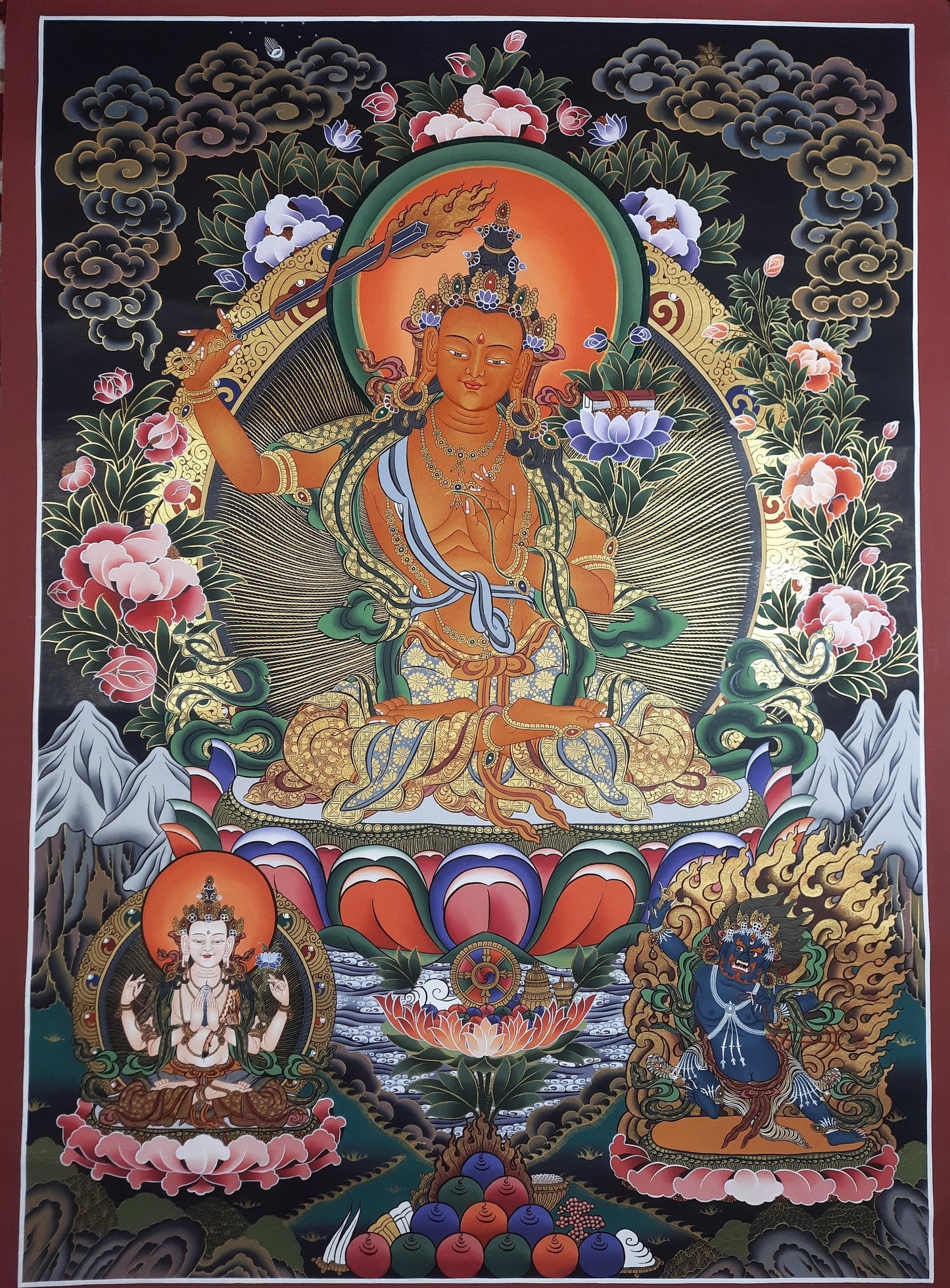 Original Hand-Painted Large Manjushri, Manjushree, Jampelyang, Bodhisattva of Wisdom,  Masterpiece, Thangka From Nepal