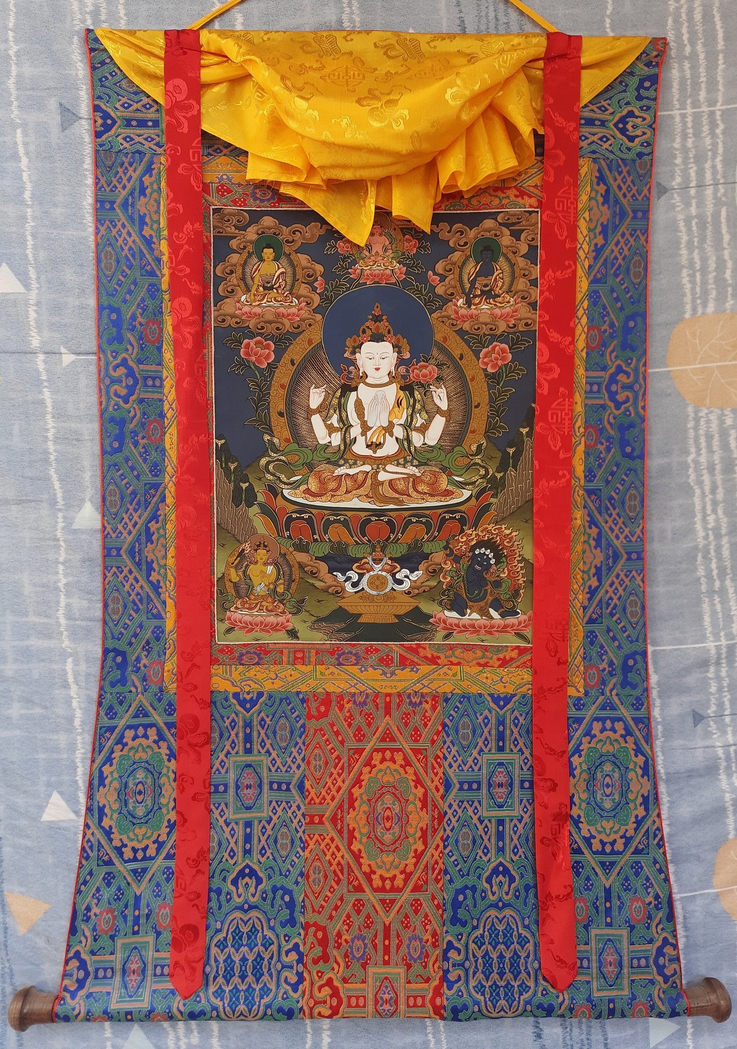 Original Hand Painted  Chenrezig  / Compassion Buddha  Tibetan Compassion / Meditation Thangka / Thanka  Painting With Premium  Silk Framed