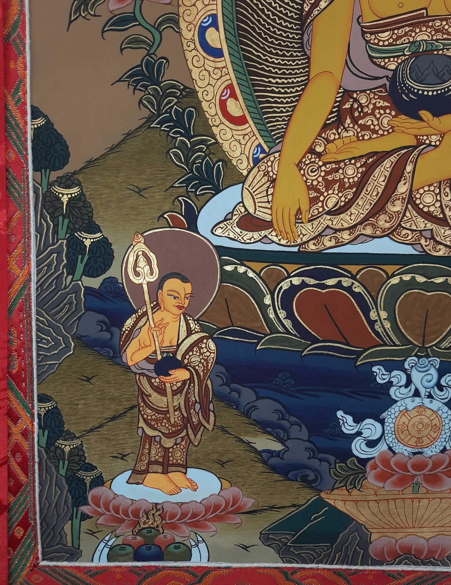 Original Hand Painted Shakyamuni / Lord Gautama / Compassion, Meditation Tibetan Thangka / Thanka Painting From Nepal with Silk Brocade