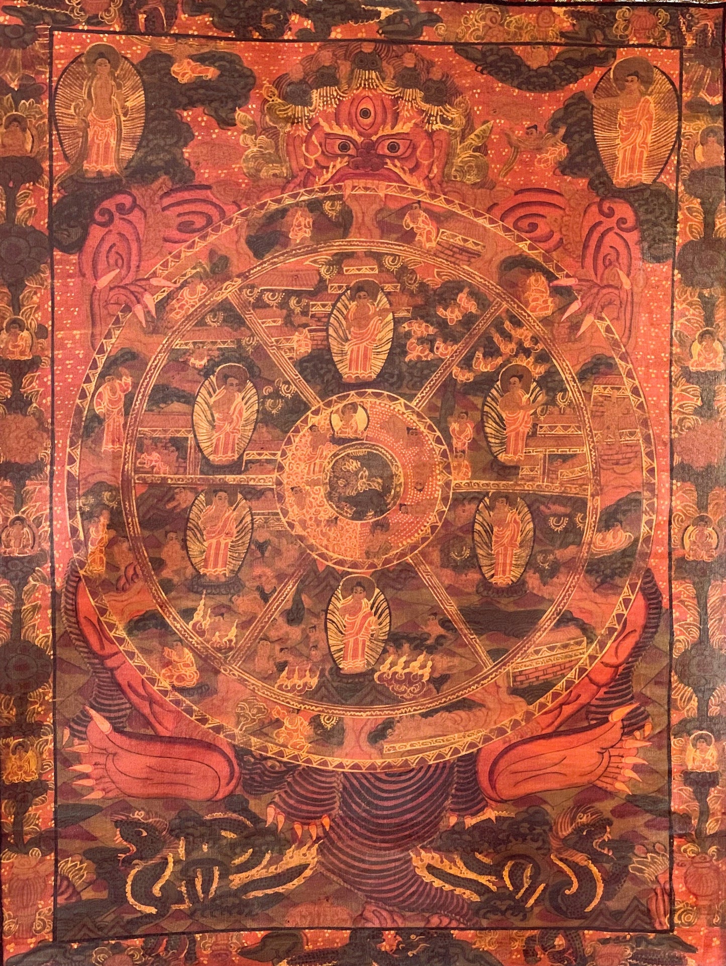 Original Hand-Painted , RIDUK, Buddha Life,  Bhavachakra Mandala, Thangka  Painting, with Silk Brocade