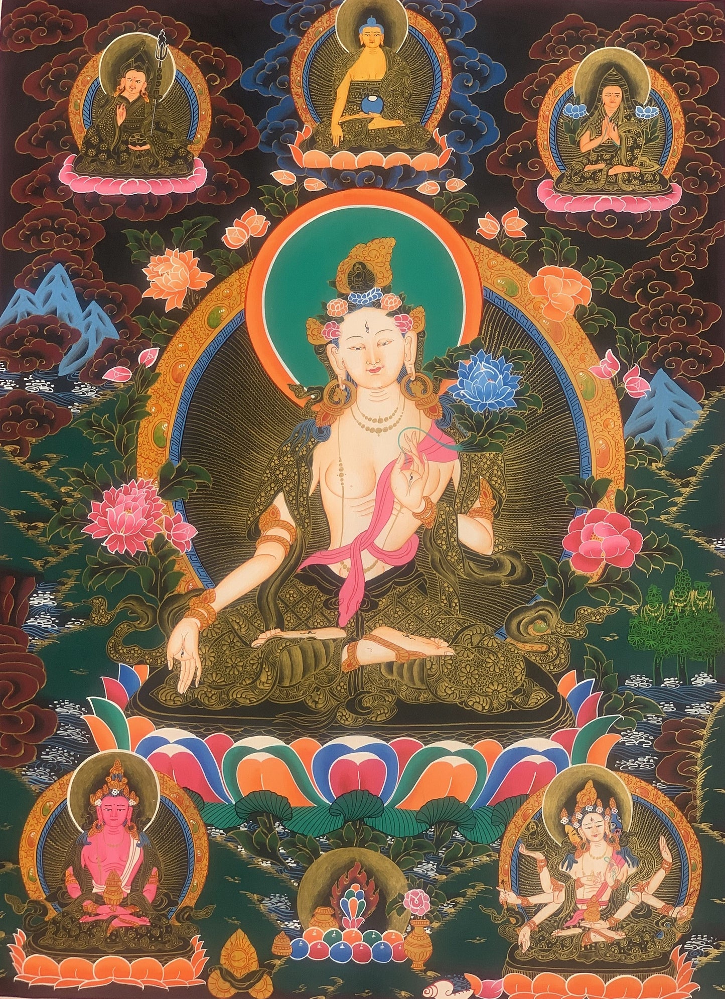 Hand-painted White Tara, Goddess of Compassion, Tibetan Thangka, Painting Art with Silk Border