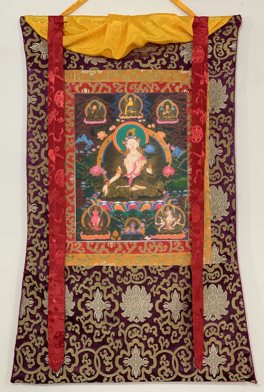 Hand-painted White Tara, Goddess of Compassion, Tibetan Thangka, Painting Art with Silk Border