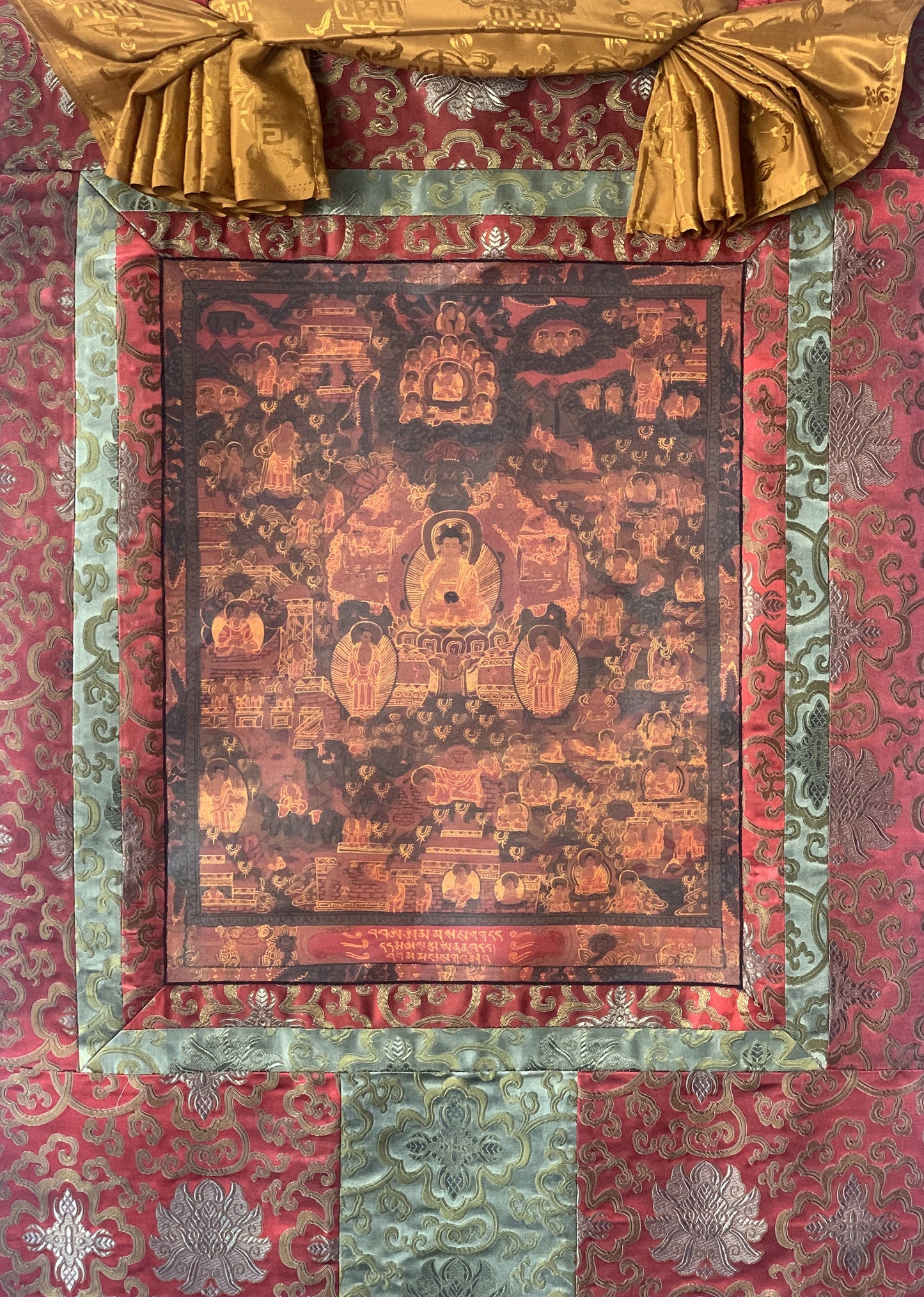 Hand-painted  Bhavachakra/ Buddha Life/ Wheel of Life Mandala  Oil varnished Tibetan Thangka Painting with Silk Brocade