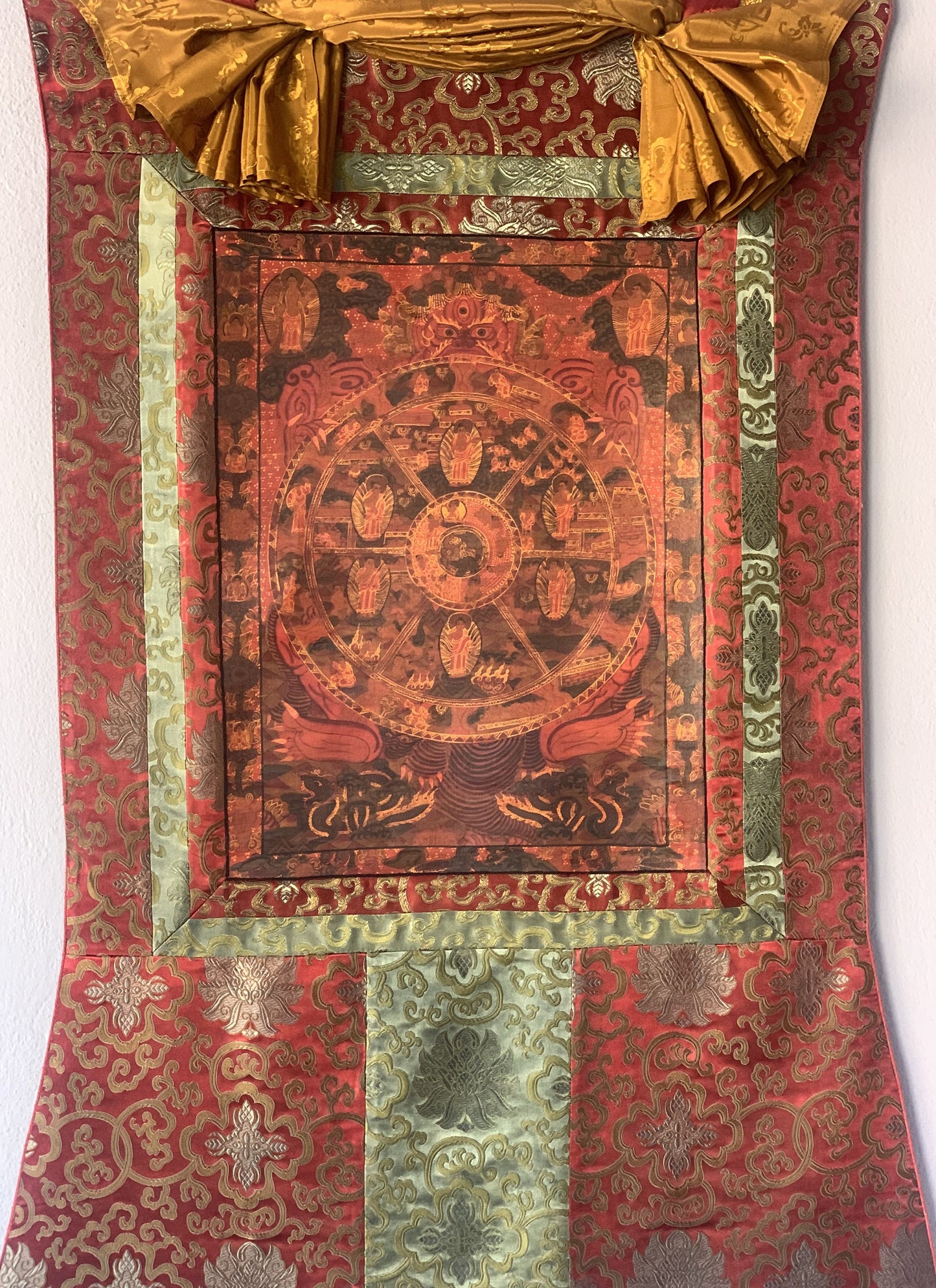 Original Hand-Painted , RIDUK, Buddha Life,  Bhavachakra Mandala, Thangka  Painting, with Silk Brocade