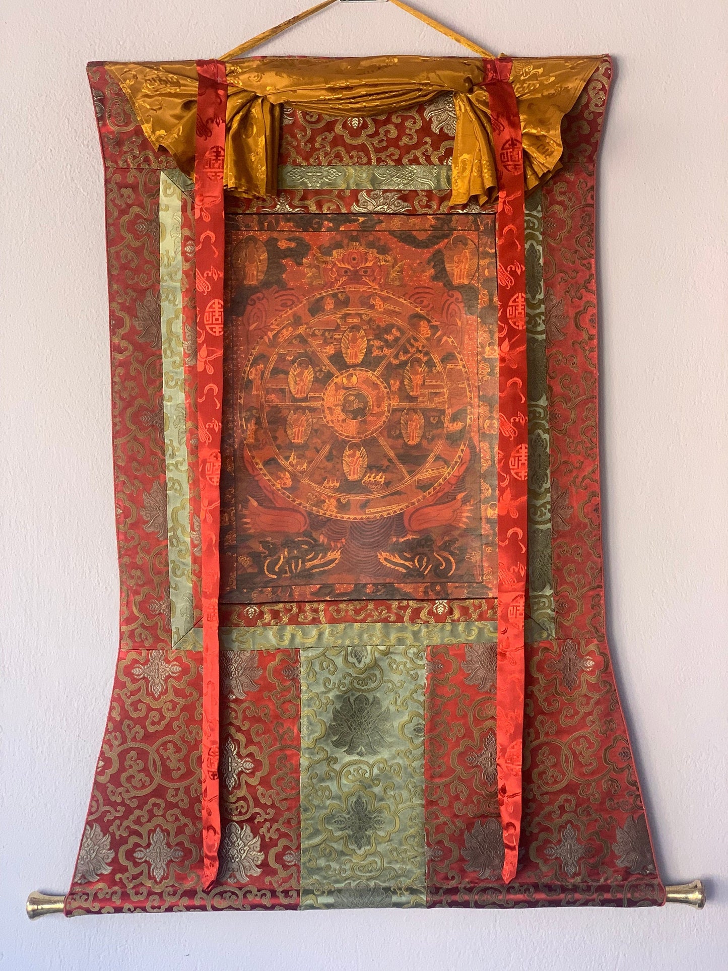 Original Hand-Painted , RIDUK, Buddha Life,  Bhavachakra Mandala, Thangka  Painting, with Silk Brocade