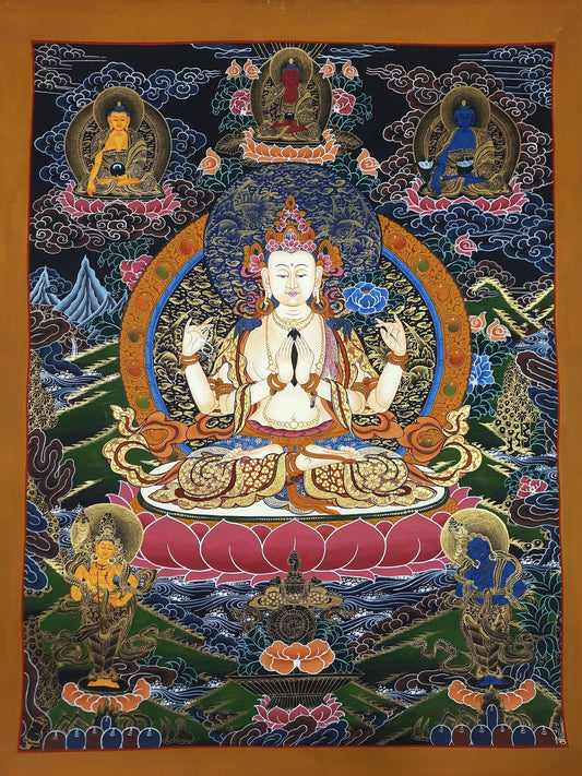 Original Hand Painted Chenrezig / Compassion Buddha Masterpiece Tibetan Meditation Wall hanging Thangka / Thanka Painting