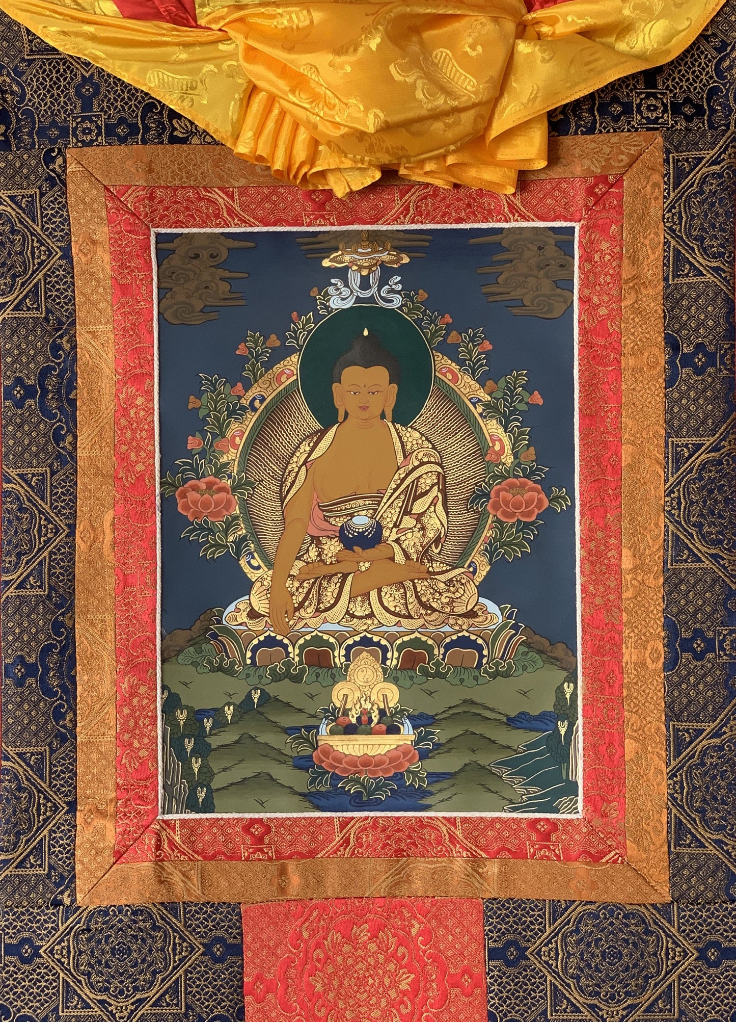 Original Hand Painted Shakyamuni / Gautama Buddha Tibetan Compassion Meditation Thangka / Thanka Painting with Premium Silk Frame