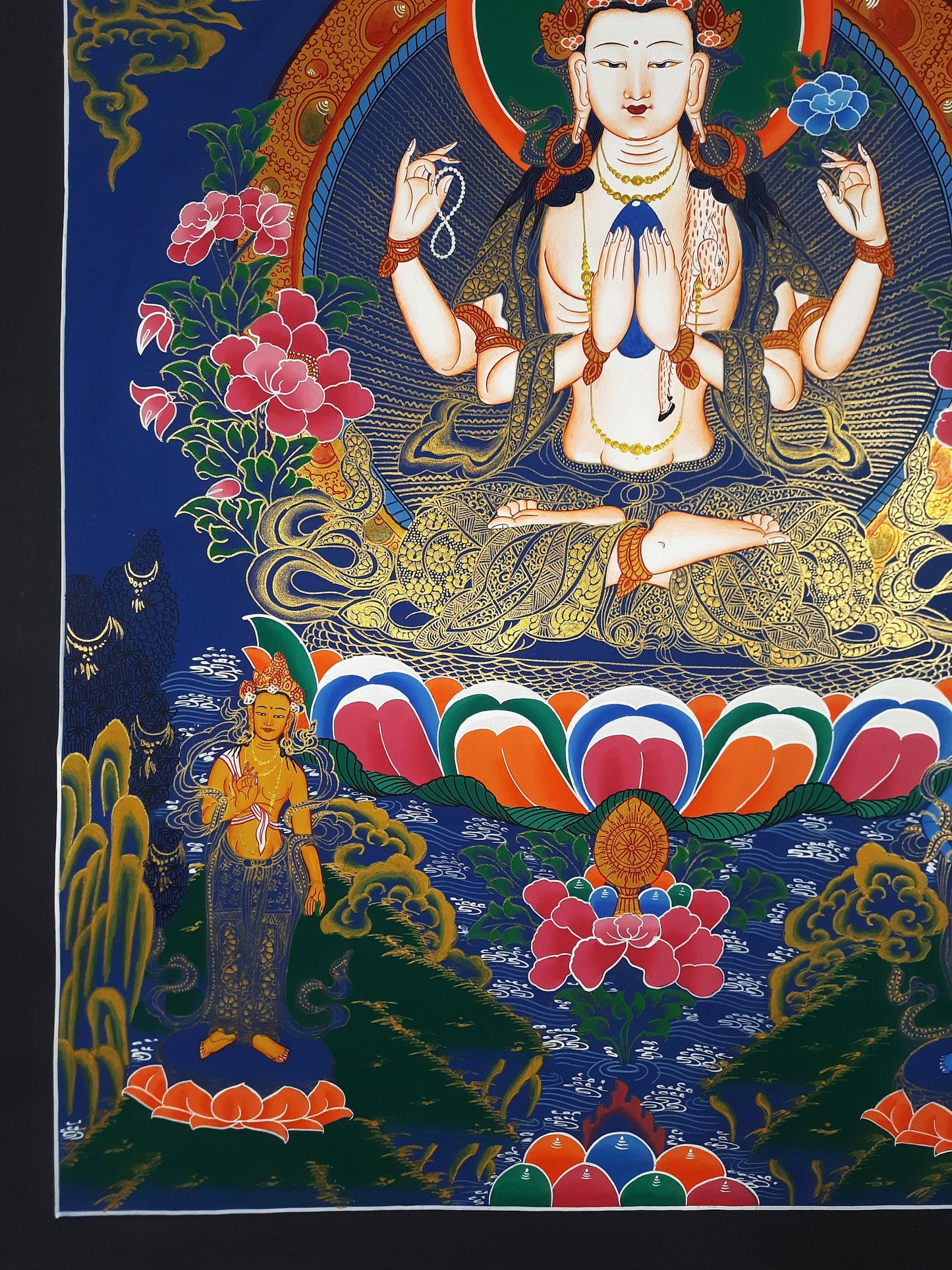 Original Hand Painted Chenrezig / Compassion Buddha Smoky Oil Tibetan Meditation Wall hanging Thangka / Thanka Painting