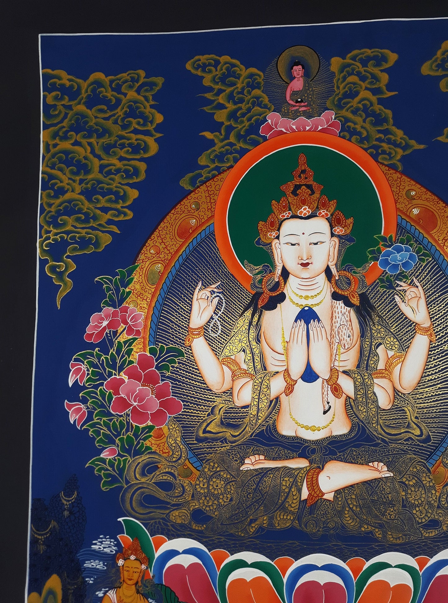 Original Hand Painted Chenrezig / Compassion Buddha Smoky Oil Tibetan Meditation Wall hanging Thangka / Thanka Painting