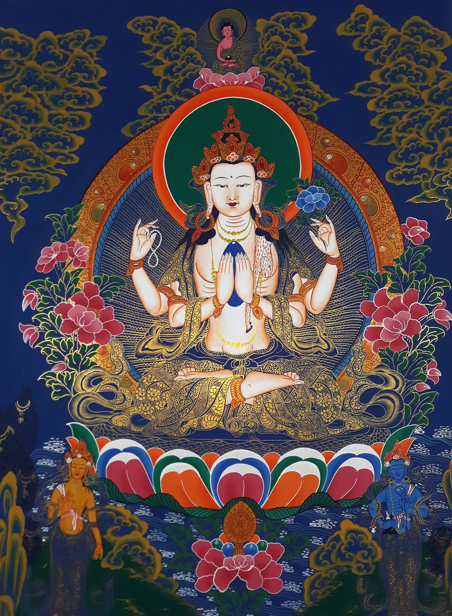 Original Hand Painted Chenrezig / Compassion Buddha Smoky Oil Tibetan Meditation Wall hanging Thangka / Thanka Painting