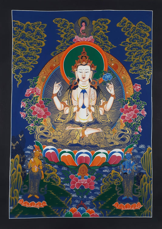 Original Hand Painted Chenrezig / Compassion Buddha Smoky Oil Tibetan Meditation Wall hanging Thangka / Thanka Painting