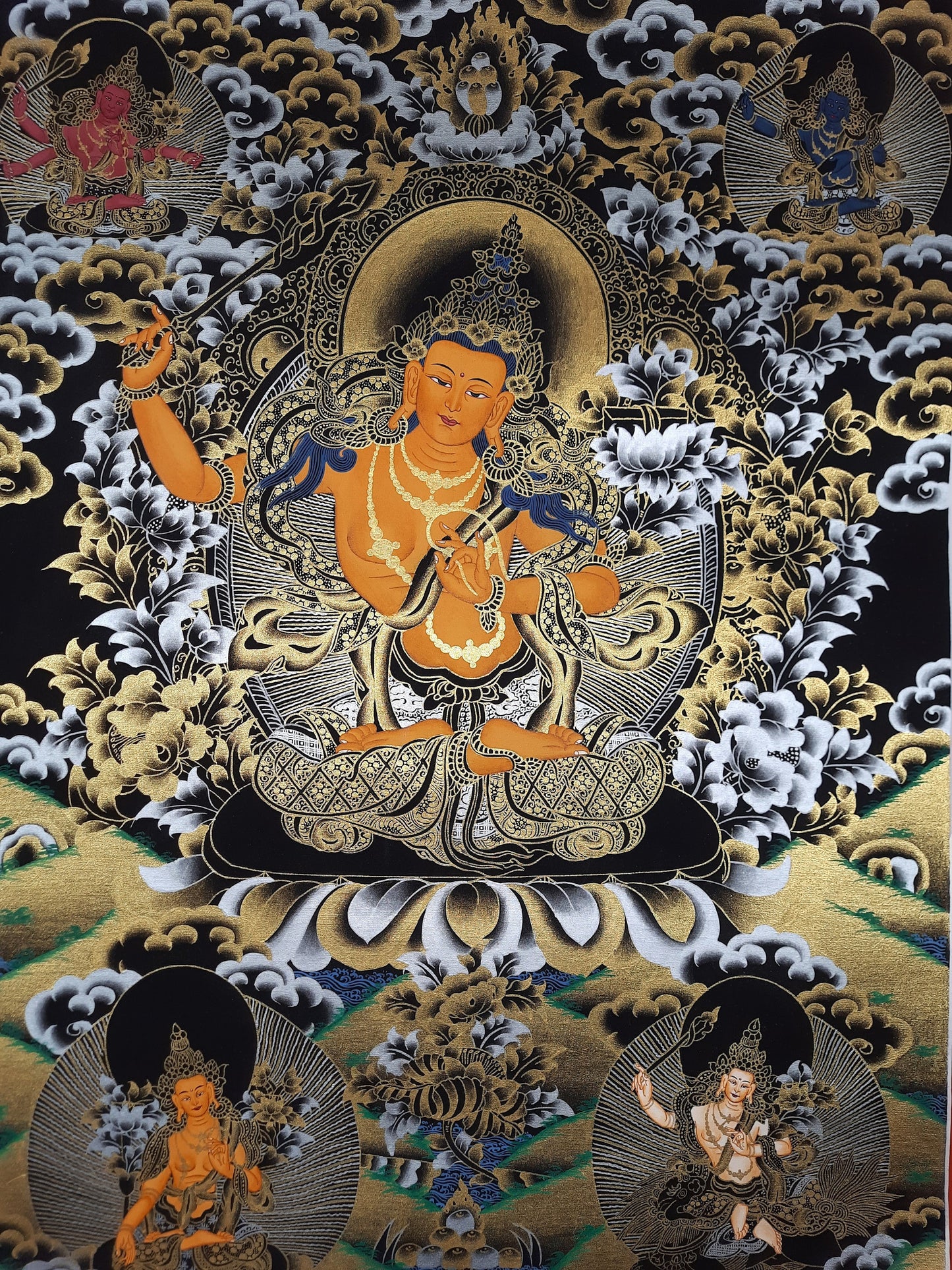 Hand-painted Original Master Quality  Pancha Manjushree/ Five Manjushri/ God OF Wisdom Tibetan Wall Hanging Thanka  / Thangka Painting