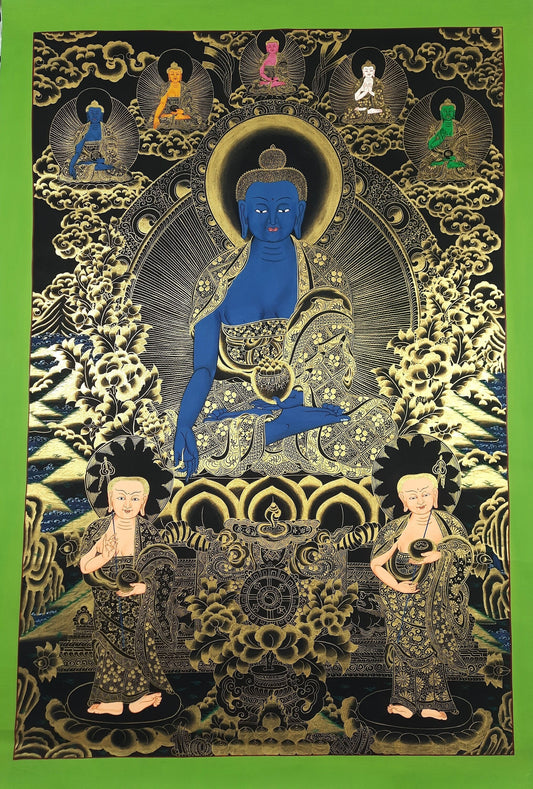 Original Hand Painted Medicine Buddha / Bhaisajyaguru Masterpiece Tibetan Wall Hanging Thangka Painting Compassion Meditation Art From Nepal