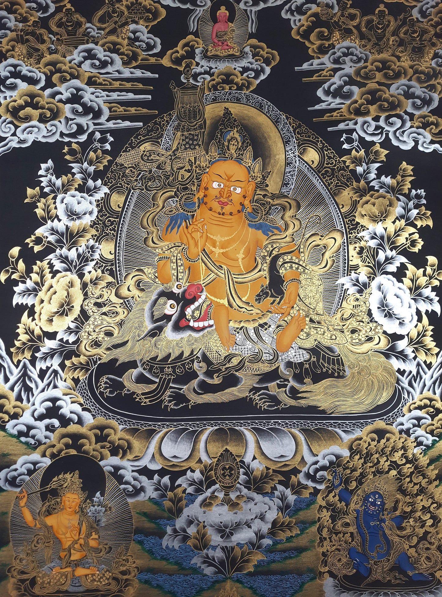 Original Hand Painted Jambhala/ Kubera/ God Of Wealth Tibetan Compassion / Meditation Thangka / Thanka  Painting/ Home Décor/ Wall Hanging