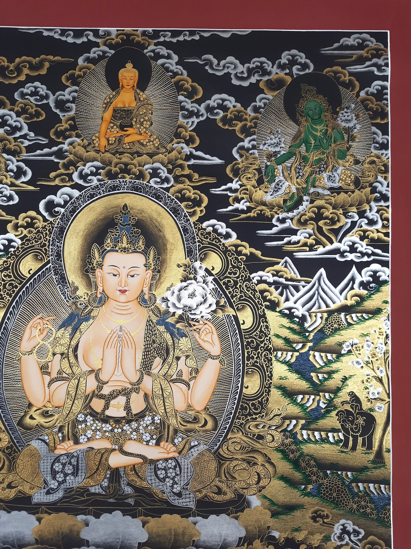 Original Hand Painted Chenrezig / Compassion Buddha Masterpiece Tibetan Meditation Wall hanging Thangka / Thanka Painting/ Buddhist Art