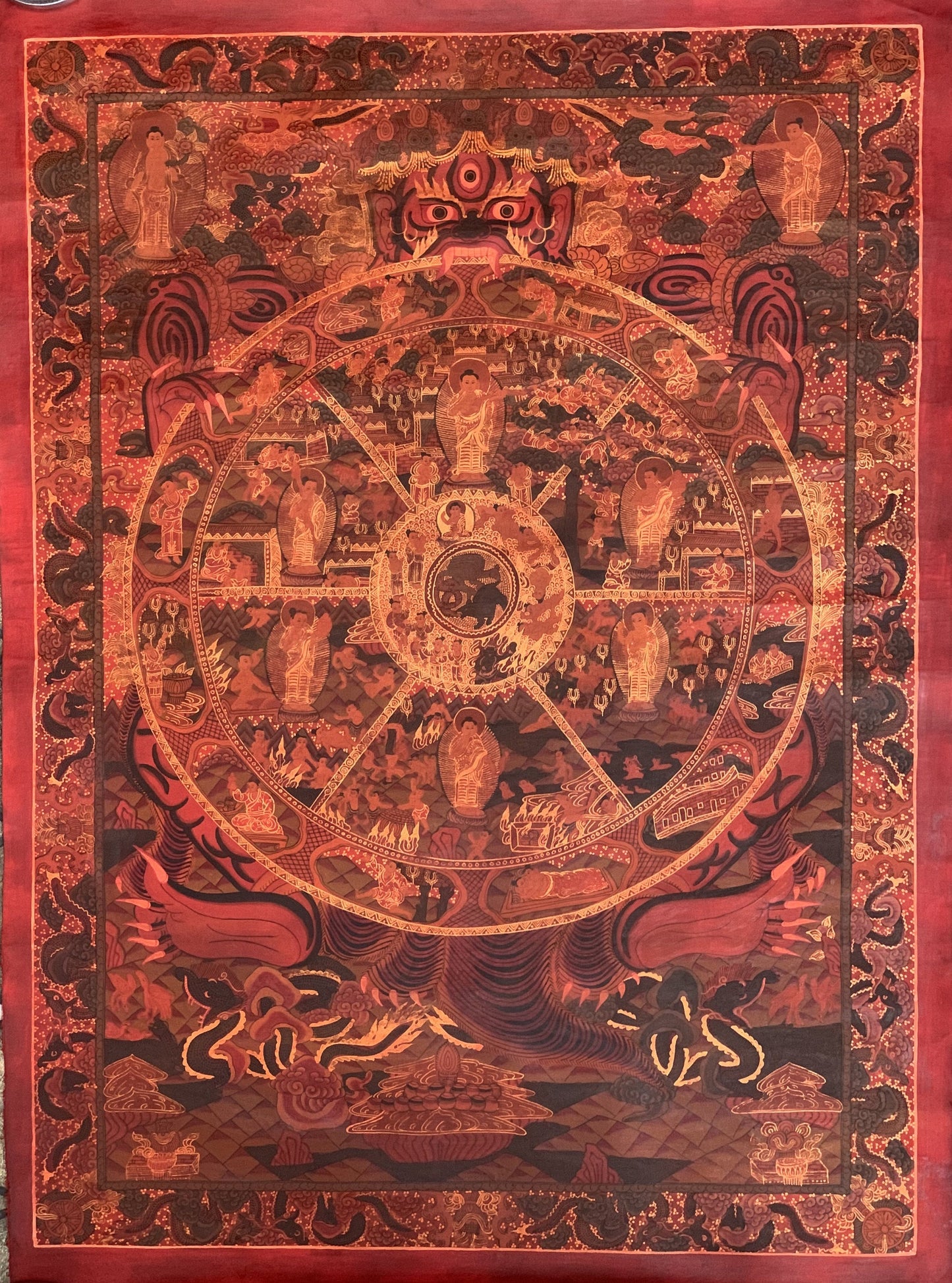 Original Hand Painted Wheel Of Life /Wheel of Time/Bhavacakra Mandala Masterpiece  Oil Varnished Tibetan Meditation Thangka/Thanka Painting