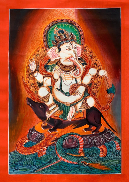 Hand-painted Original Newari Ganesh / Ganesha  Masterpiece Thanka  / Thangka Painting  Compassion Meditation Art From Nepal