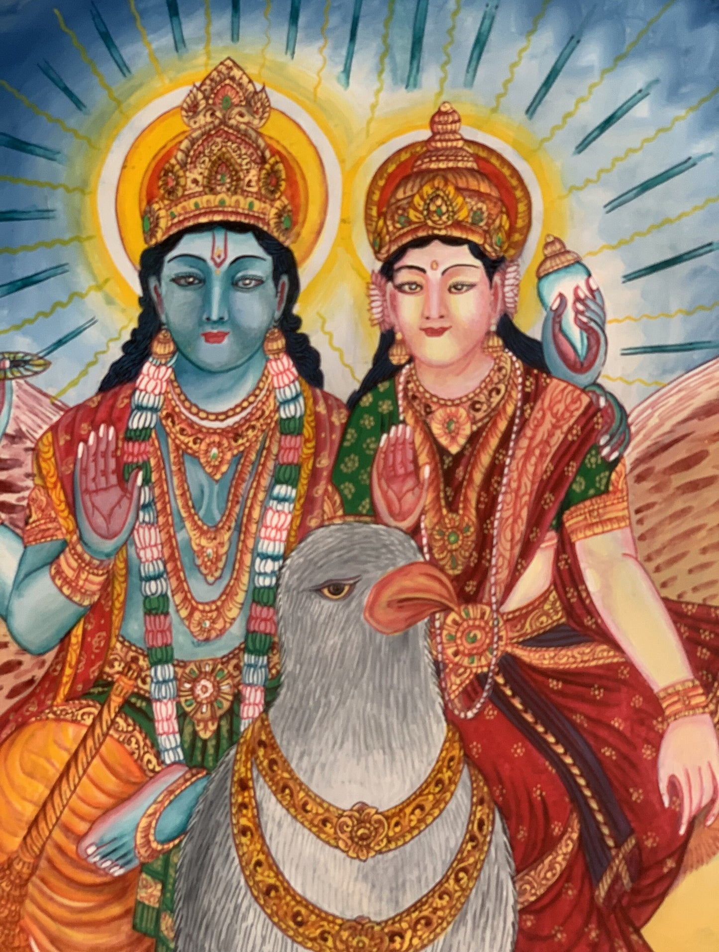 Hand-painted Original Lakshmi Narayana ( Vishnu) Divine Couple Riding on Garuda Newari Paubha/Pauva /Thanka  / Thangka Painting From Nepal