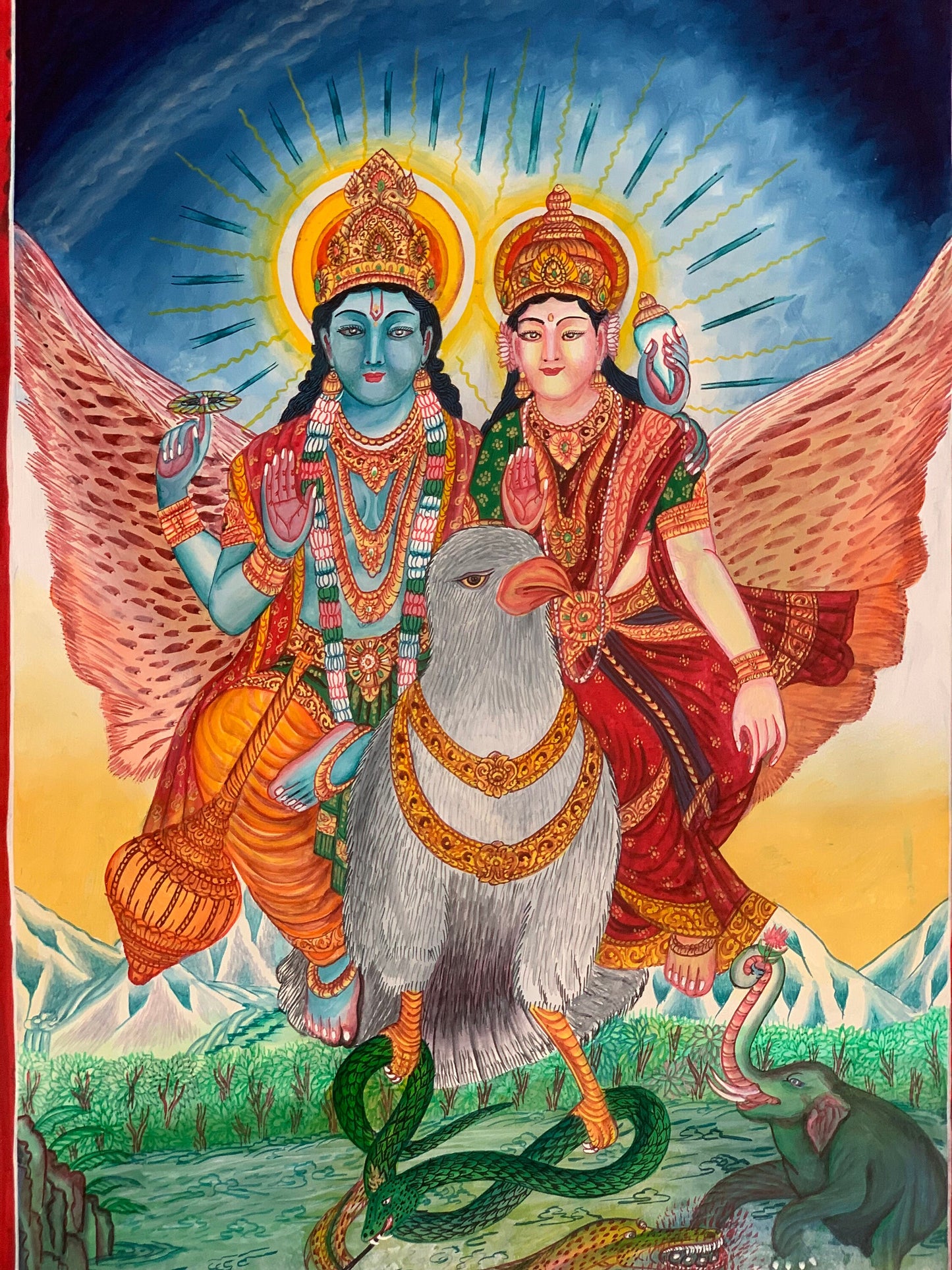 Hand-painted Original Lakshmi Narayana ( Vishnu) Divine Couple Riding on Garuda Newari Paubha/Pauva /Thanka  / Thangka Painting From Nepal