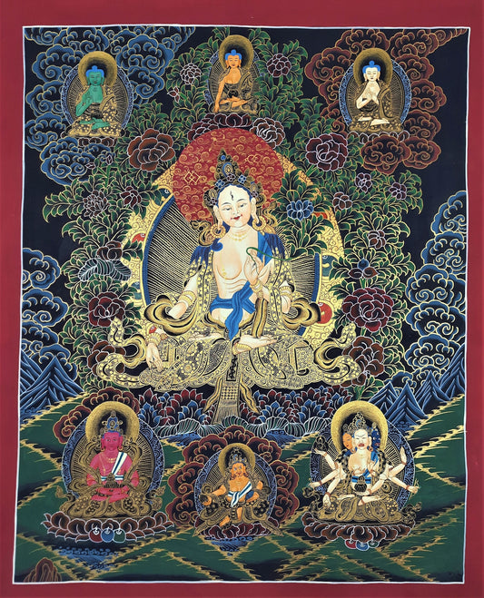 Hand painted Original White Tara / Mother Goddess  Masterpiece Tibetan Wall Hanging Thanka  / Thangka / Painting Compassion Meditation Art