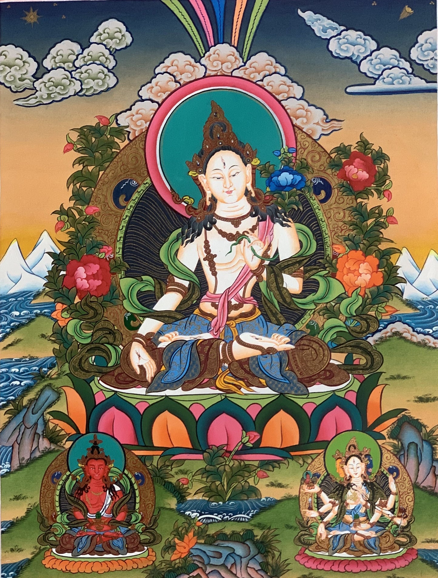 Hand painted Original White Tara /Mother Goddess Masterpiece 24 K Gold Artist Signed Compassion Meditation Blessed Tibetan Thangka Painting