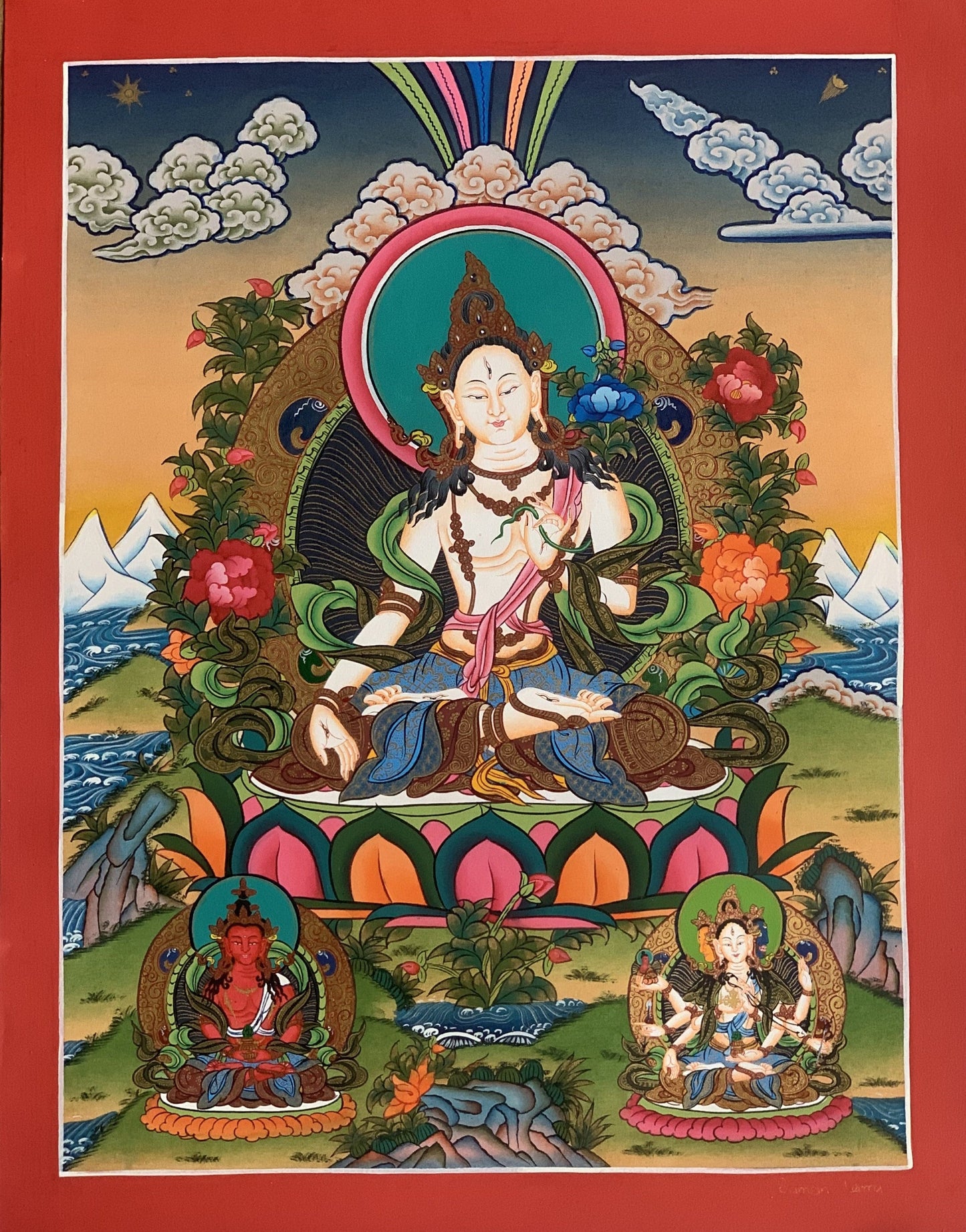 Hand painted Original White Tara /Mother Goddess Masterpiece 24 K Gold Artist Signed Compassion Meditation Blessed Tibetan Thangka Painting