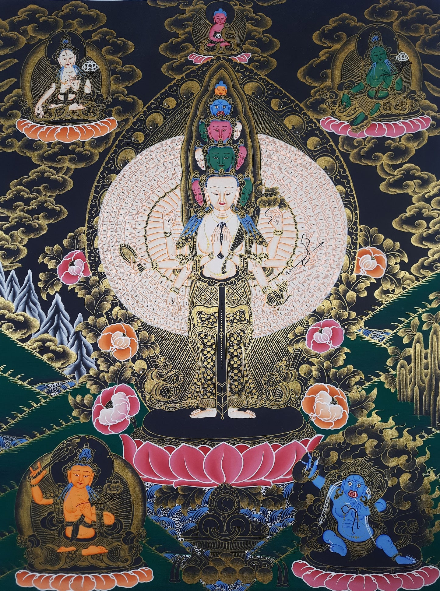 Original Hand Painted SAHASRABHUJA 1000 ARMED AVALOKITESHVARA / Lokeshwor/  Tibetan Compassion / Meditation Thangka / Thanka  Painting