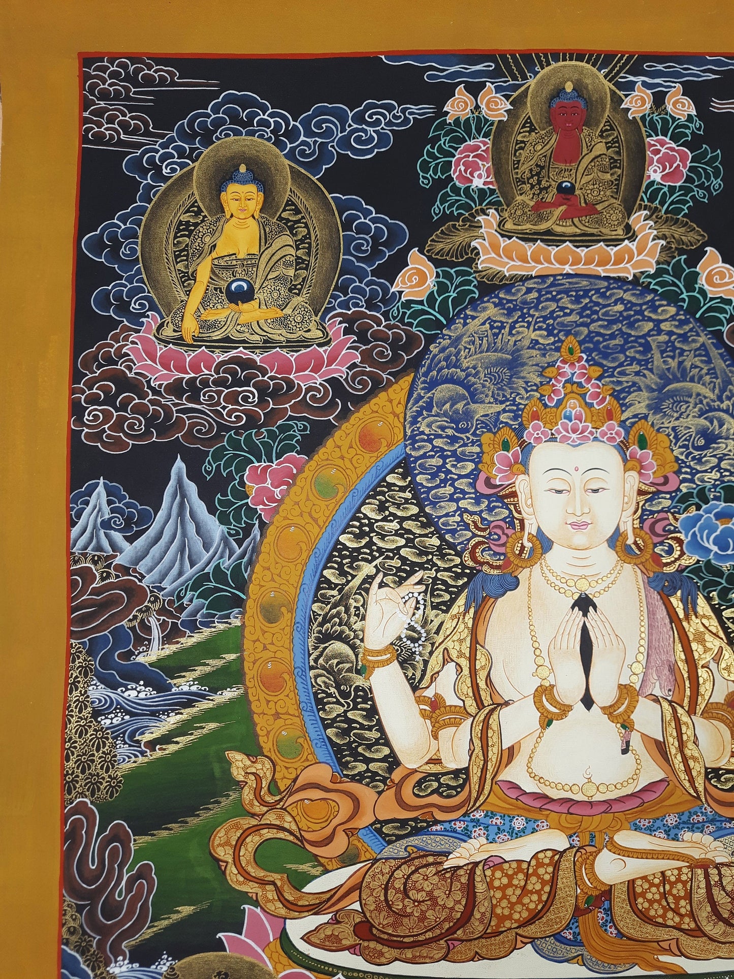 Original Hand Painted Chenrezig / Compassion Buddha Masterpiece Tibetan Meditation Wall hanging Thangka / Thanka Painting