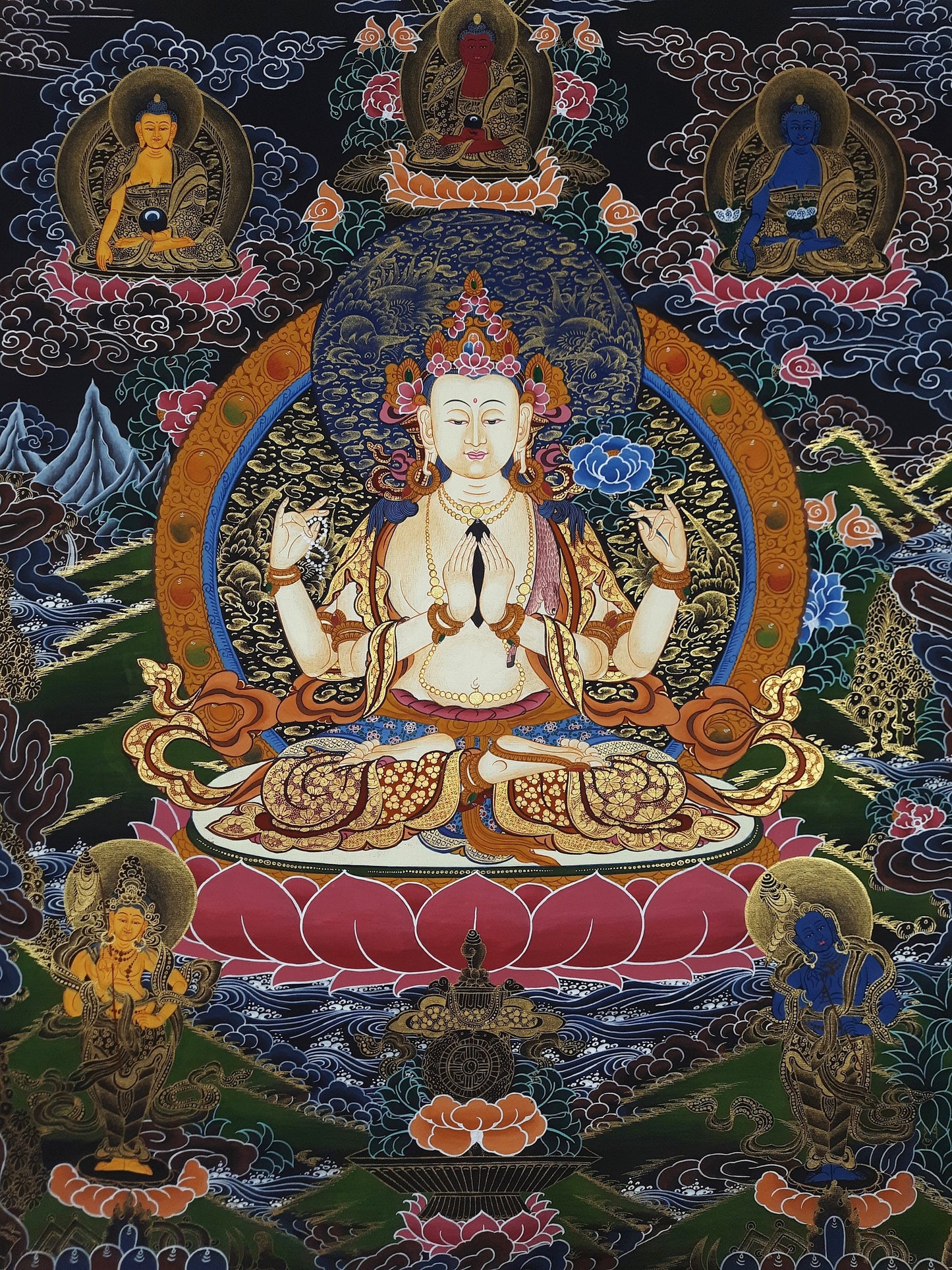 Original Hand Painted Chenrezig / Compassion Buddha Masterpiece Tibetan Meditation Wall hanging Thangka / Thanka Painting