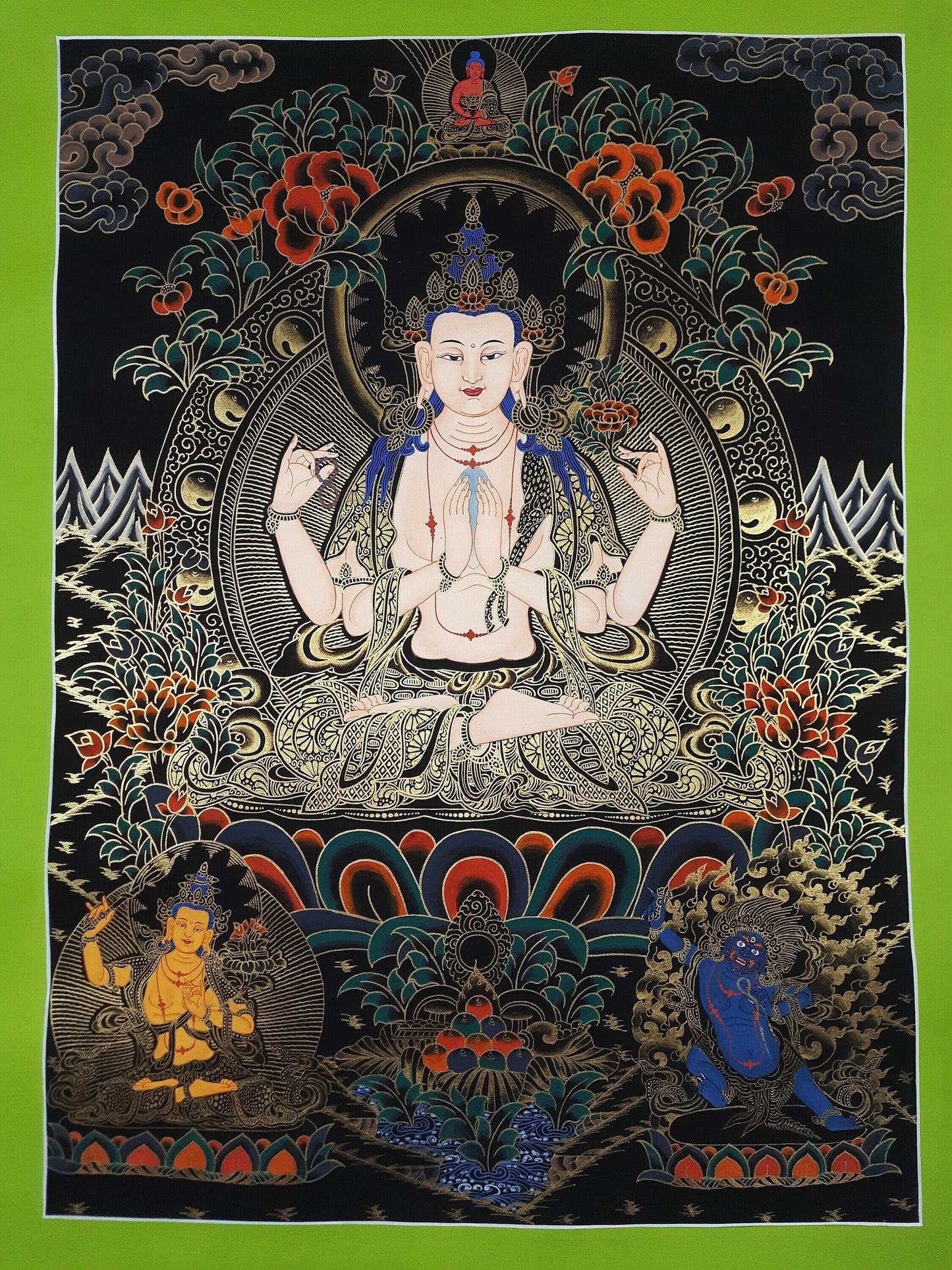 Original Hand Painted Chenrezig / Compassion Buddha Tibetan Meditation Wall hanging Thangka / Thanka Painting