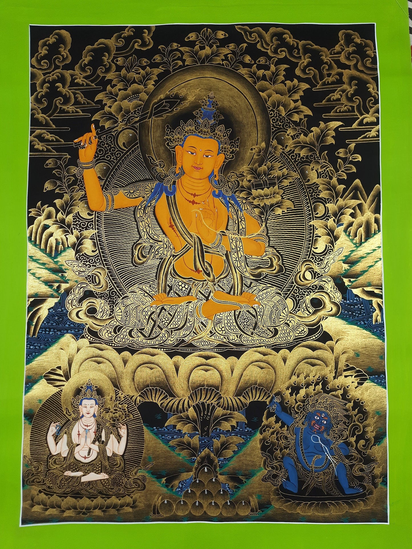 Hand-painted Original Master Quality Pancha Manjushree/ Five Manjushri/ God OF Wisdom Tibetan Wall Hanging Thanka  / Thangka Painting/ Art