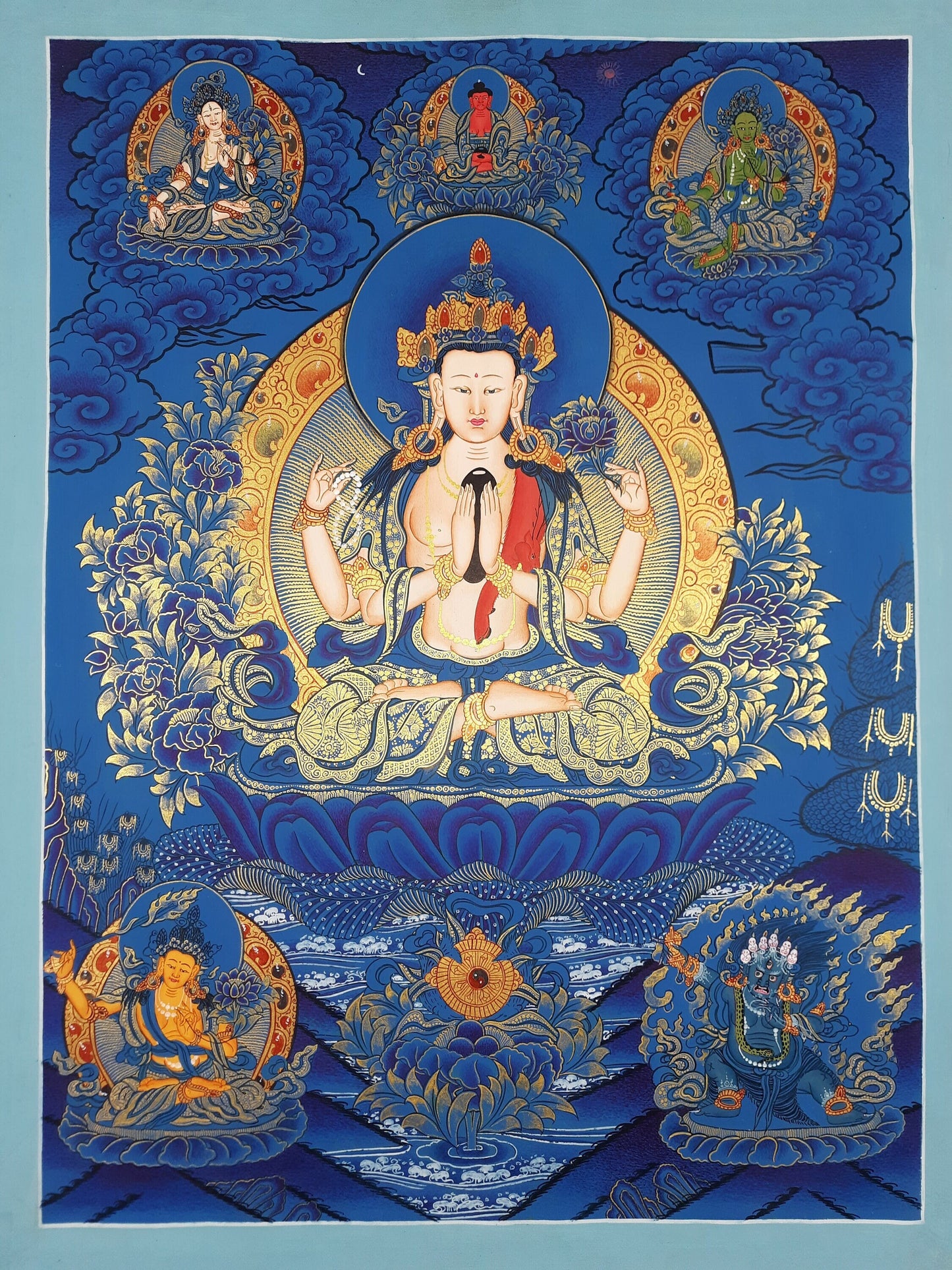 Original Hand Painted Chenrezig / Avalokiteshvara Compassion Buddha Tibetan  Meditation Wall hanging Thangka / Thanka  Painting From Nepal