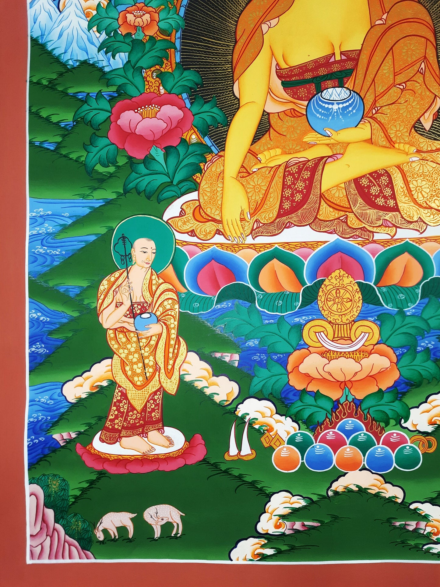 Original Hand Painted Shakyamuni Buddha / Gautama Masterpiece With Two Disciples Tibetan mediation Painting Thangka / Thanka From Nepal